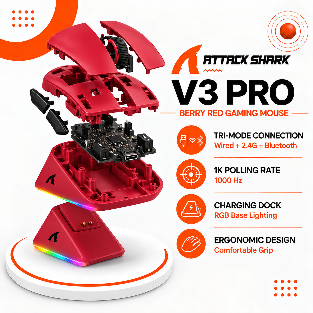 ماوس الألعاب ATTACK SHARK V3 PRO – Berry Red