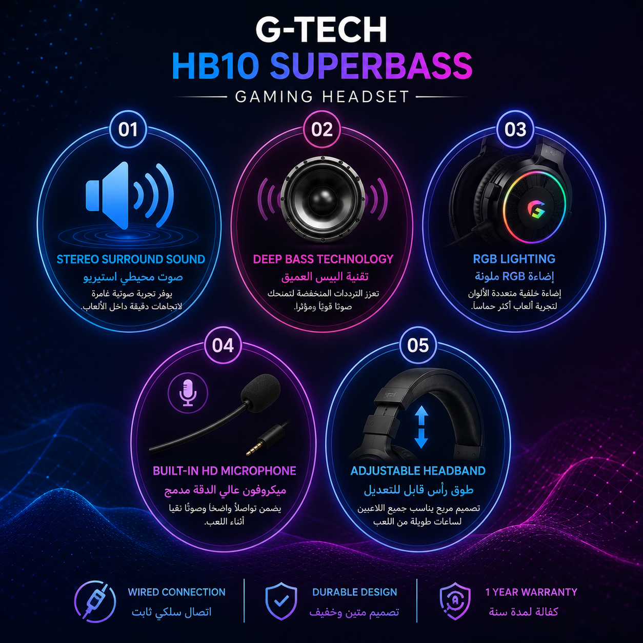 سماعة ألعاب G-TECH HB10 SuperBass - سلكية - صوت Stereo Surround - تقنية Deep Bass - إضاءة RGB - ميكروفون HD مدمج - تصميم Over-Ear - طوق رأس قابل للتعديل - كفالة سنة