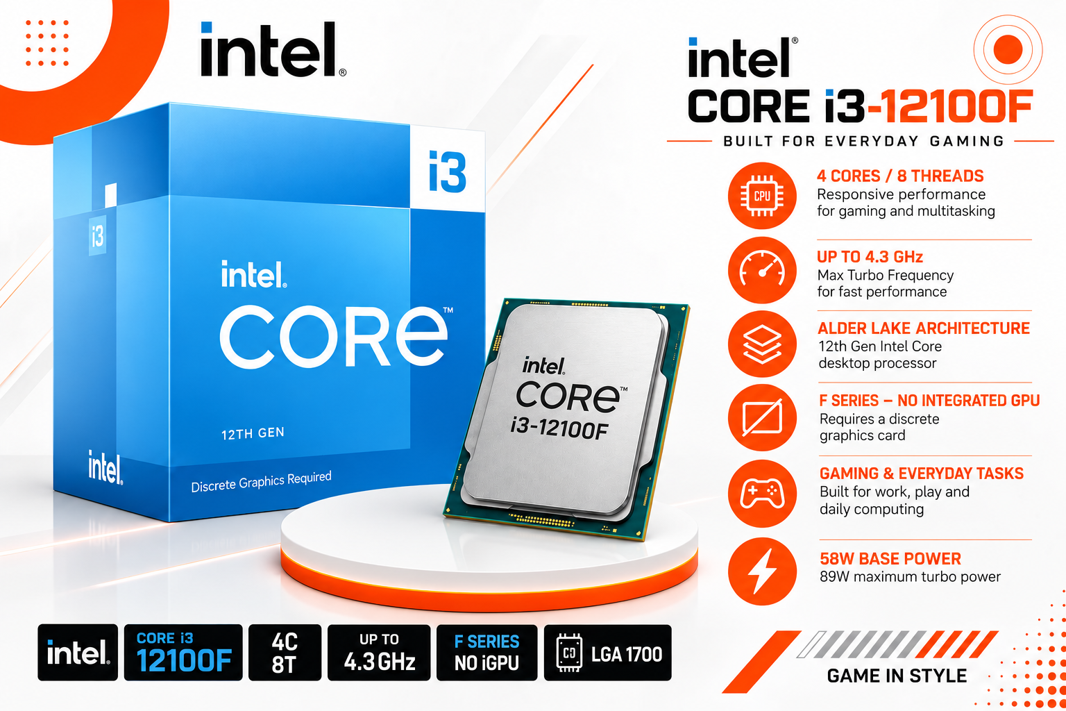 معالج Intel Core i3-12100F – أداء الجيل الثاني عشر ابدأ تجميعتك مع Intel Core i3-12100F، خيار مناسب للألعاب والاستخدام اليومي والعمل والدراسة. يأتي بمعمارية Alder Lake وأربع أنوية مع ثمانية مسارات معالجة، ليمنحك أداءً متوازناً عند اقترانه بكرت شاشة منفصل.