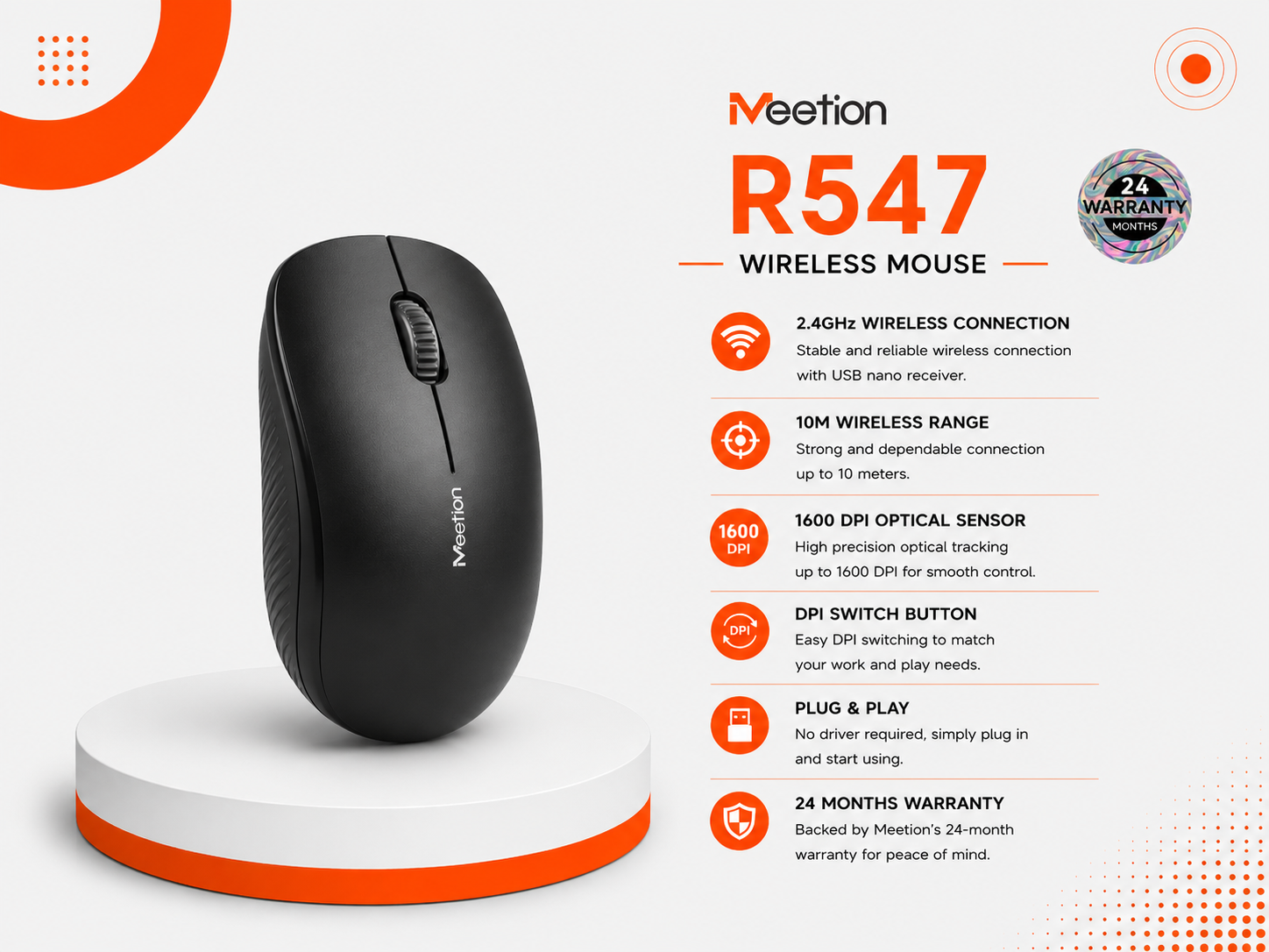 ماوس Meetion R547 لاسلكي - مستشعر بصري KA8 - دقة 1600 DPI - اتصال 2.4GHz - مدى 10 متر - 4 أزرار - وزن 58g - بطارية AA - Auto-Sleep - Nano USB - Plug & Play