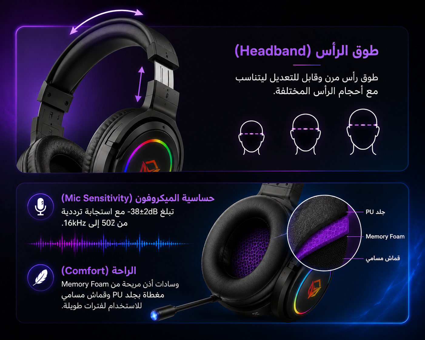 سماعة Meetion MT-HP022 - سماعة ألعاب سلكية - مشغلات 40mm - صوت Stereo Gaming - ميكروفون عازل للضوضاء - إضاءة RGB - اتصال 3.5mm + USB - كابل 1.8 متر - وزن 211g