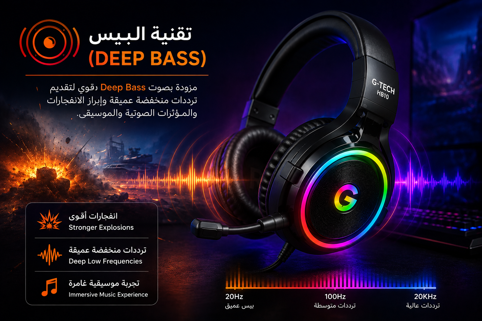 سماعة ألعاب G-TECH HB10 SuperBass - سلكية - صوت Stereo Surround - تقنية Deep Bass - إضاءة RGB - ميكروفون HD مدمج - تصميم Over-Ear - طوق رأس قابل للتعديل - كفالة سنة