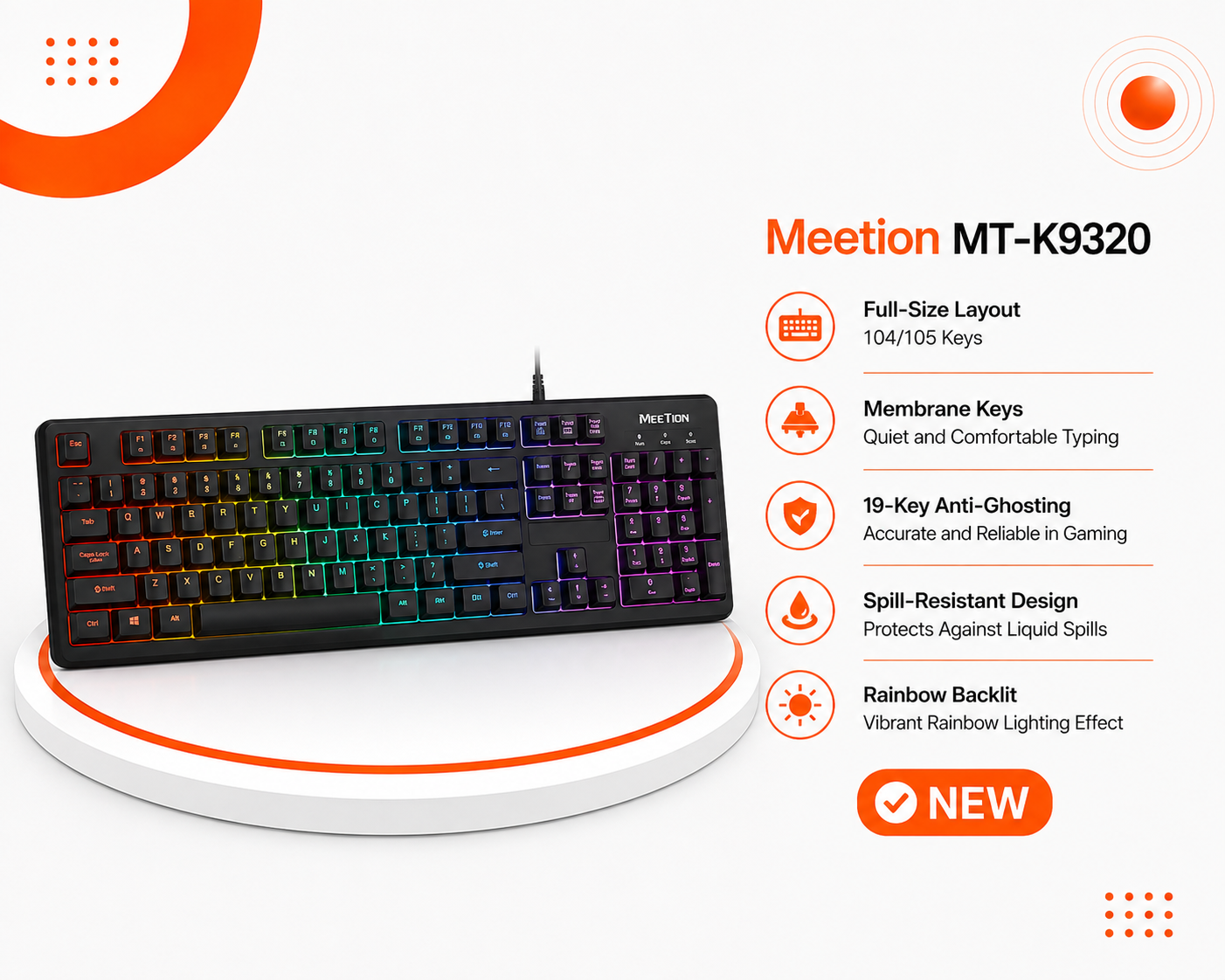 Meetion MT-K9320 - كيبورد ألعاب Full-Size - 104/105 مفتاح - Membrane - 19-Key Anti-Ghosting - مقاوم للسوائل - Rainbow Backlit - USB