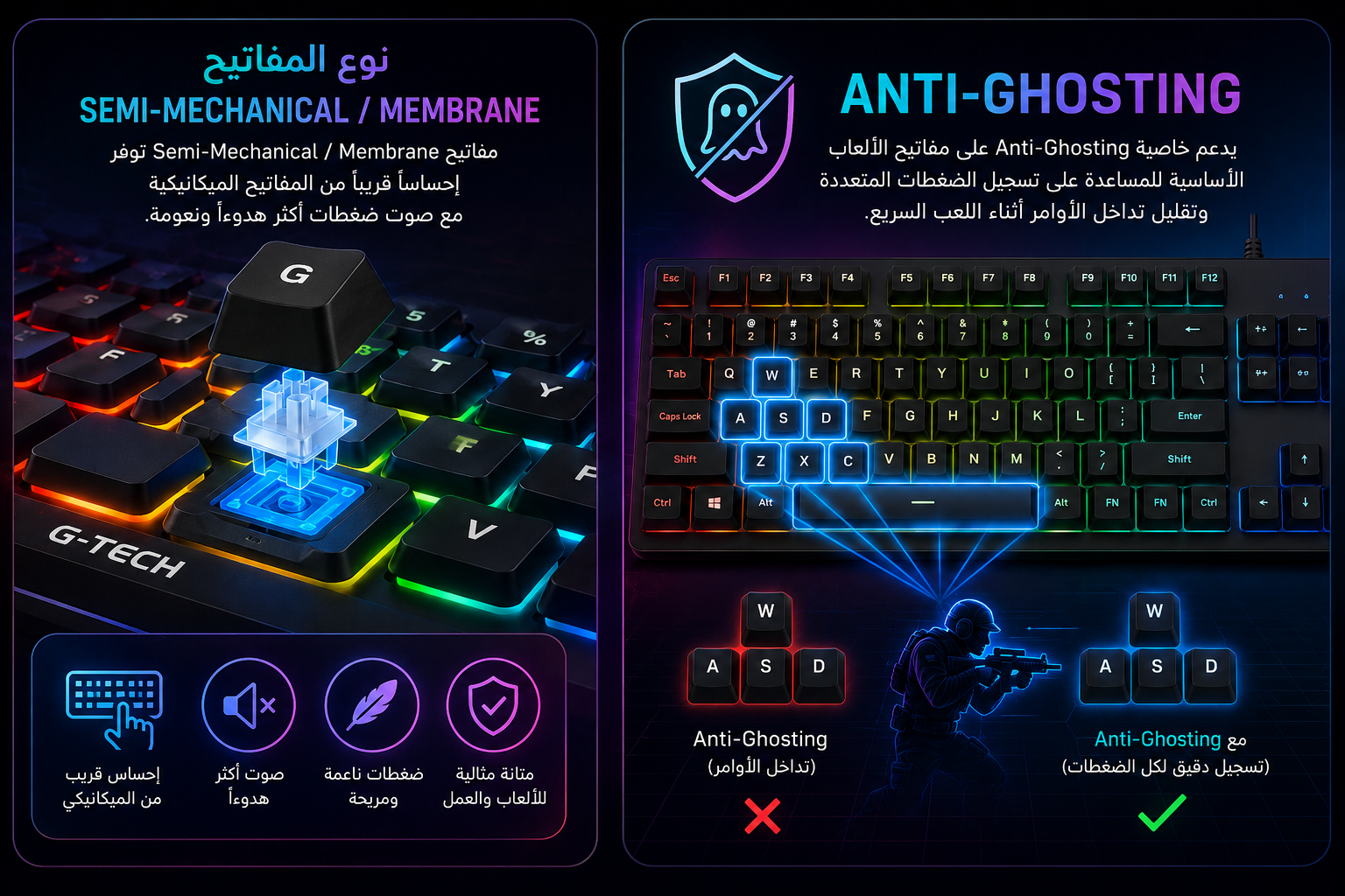 G-TECH K900 - كيبورد ألعاب Full-Size - 104/105 مفتاح - Semi-Mechanical - Rainbow RGB - Anti-Ghosting - اتصال USB سلكي