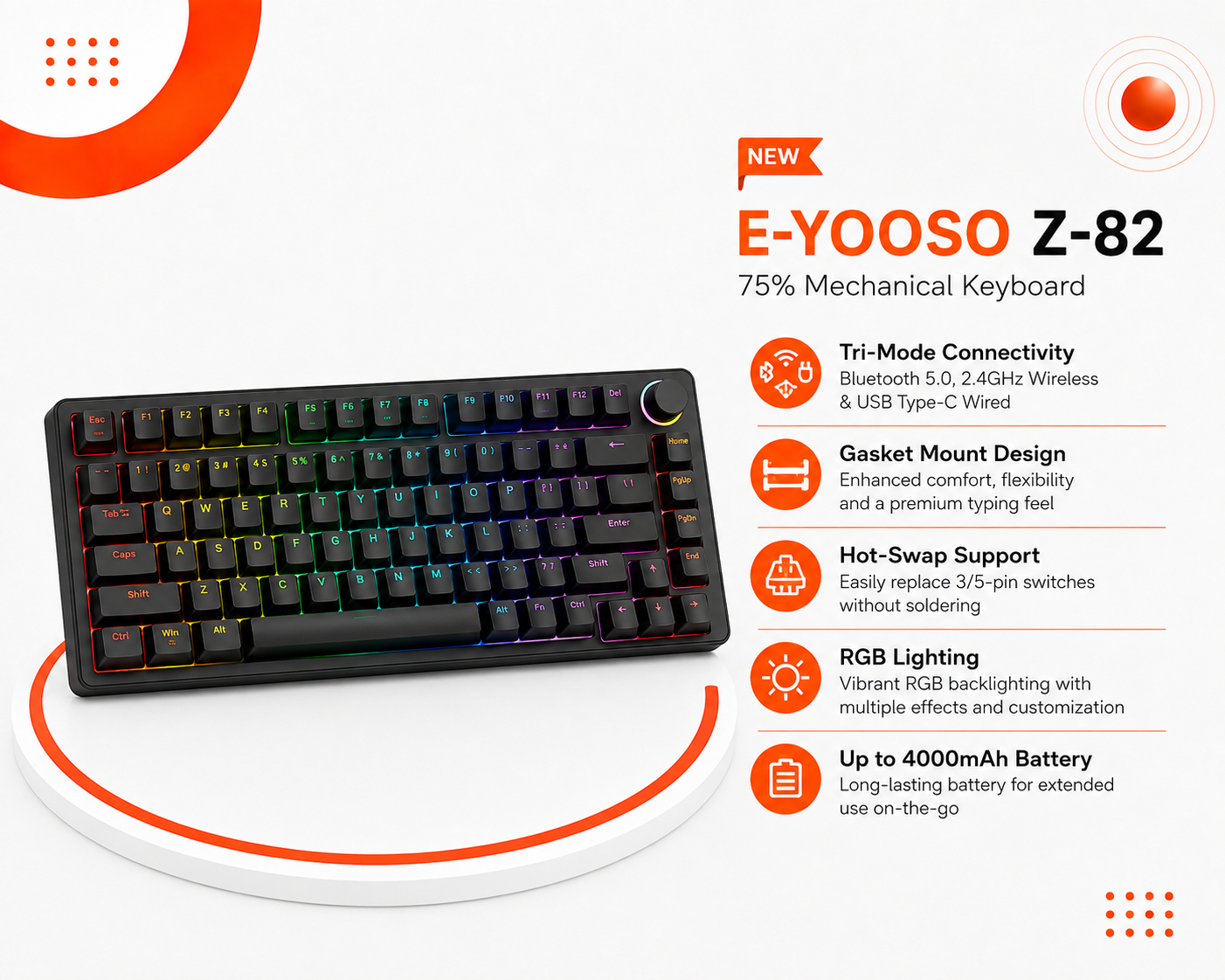 E-YOOSO Z-82 - كيبورد ميكانيكي 75% - اتصال Tri-Mode - Gasket Mount - Hot-Swap - مقبض تحكم - إضاءة RGB - بطارية حتى 4000mAh