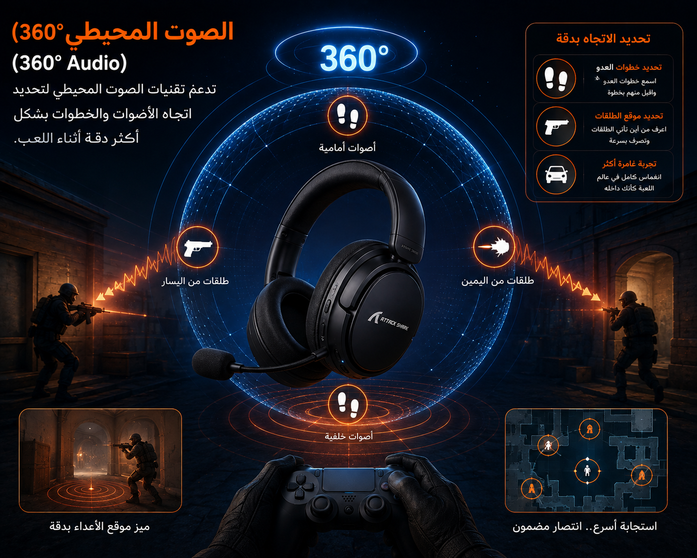 سماعة Attack Shark G500 - لاسلكية Bluetooth 5.3 - مشغلات 40mm - صوت محيطي 360° - Hybrid ANC - ميكروفون مدمج - اتصال 3.5mm - بطارية أكثر من 20 ساعة - USB-C - وزن 210g
