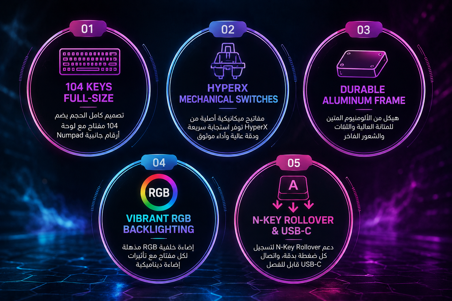 HyperX Alloy Origins - كيبورد ميكانيكي Full-Size - 104 مفتاح - HyperX Mechanical Switches - هيكل ألمنيوم - RGB - N-Key Rollover - USB-C