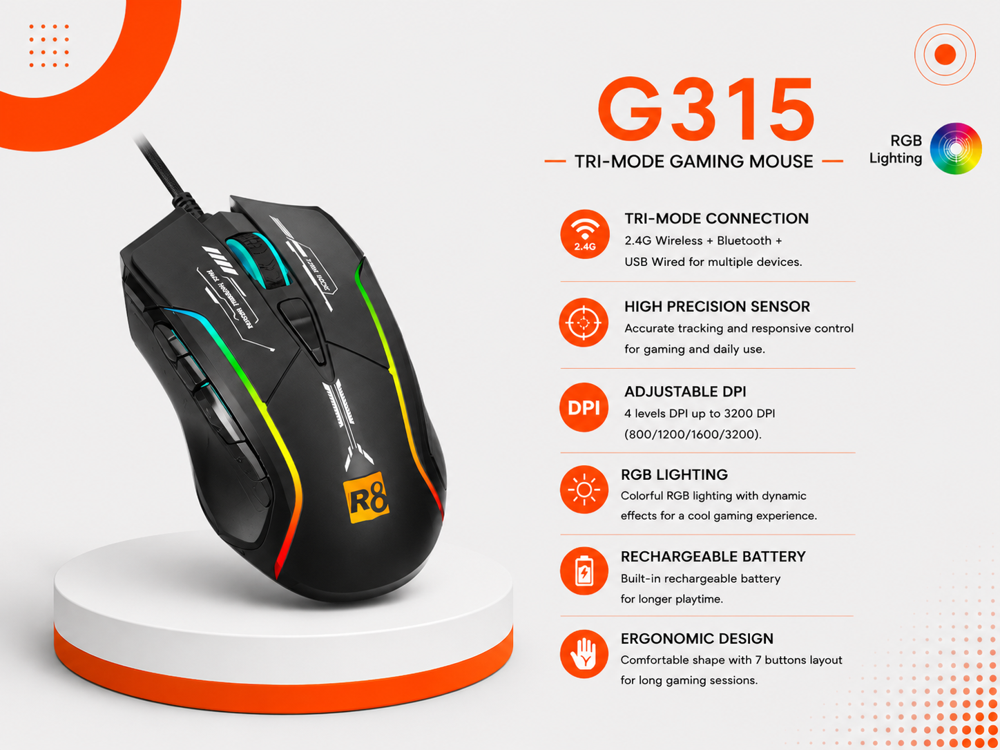 ماوس R8 G315 RGB - لاسلكي Tri-Mode - اتصال 2.4GHz + Bluetooth + Type-C سلكي - دقة تصل إلى 12800 DPI - 6 مستويات DPI - 6 أزرار - بطارية 500mAh قابلة للشحن - إضاءة RGB - تصميم Ergonomic