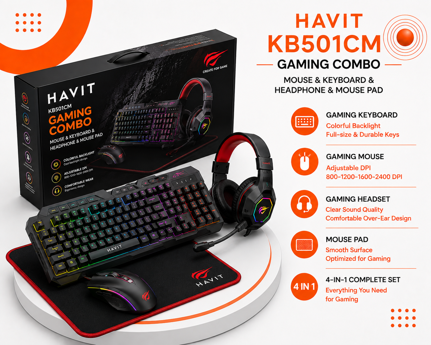 HAVIT KB501CM Gaming Combo - طقم ألعاب 4 في 1 - كيبورد ألعاب - ماوس ألعاب - سماعة رأس مع ميكروفون - Mouse Pad - RGB Backlight - Black