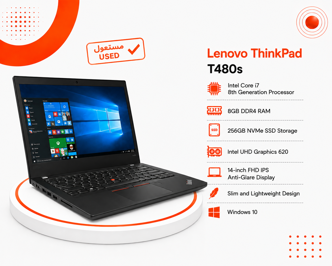 لينوفو ThinkPad T480s - المعالج Intel Core i7 الجيل الثامن - الرام 8GB DDR4 - التخزين 256GB SSD NVMe - كرت الشاشة Intel UHD Graphics 620 - اللون أسود - الشاشة 14 إنش FHD IPS Anti-Glare - تصميم نحيف وخفيف الوزن - نظام التشغيل Windows 10
