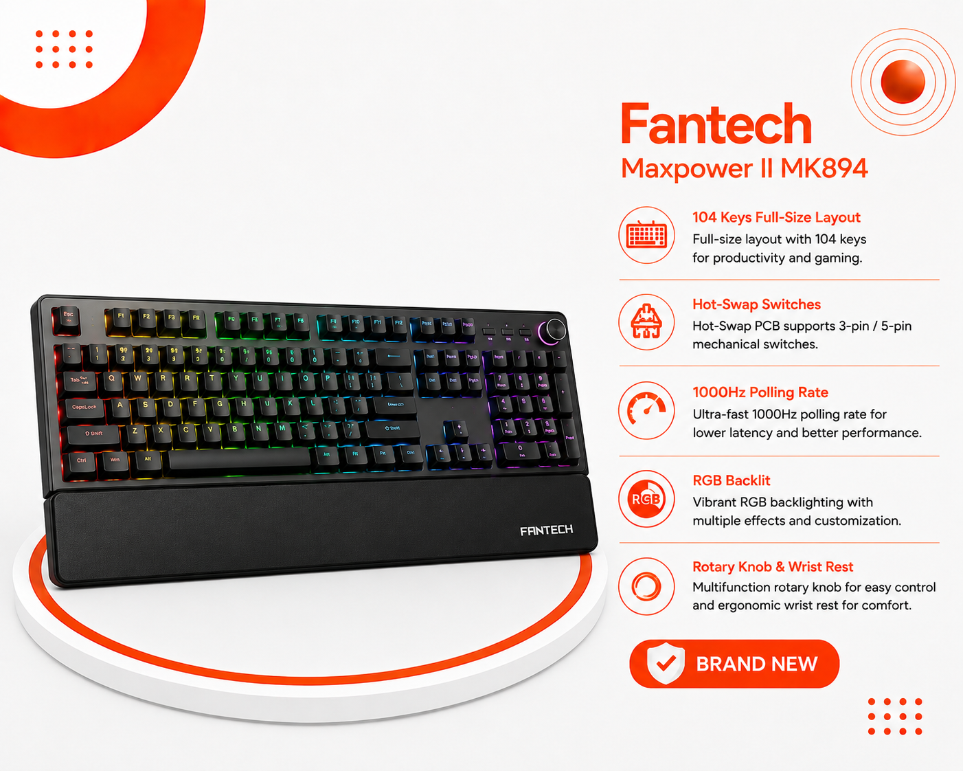 Fantech Maxpower II MK894 - كيبورد ميكانيكي Full-Size - 104 مفاتيح - Hot-Swap - 1000Hz - RGB - Rotary Knob - مسند معصم