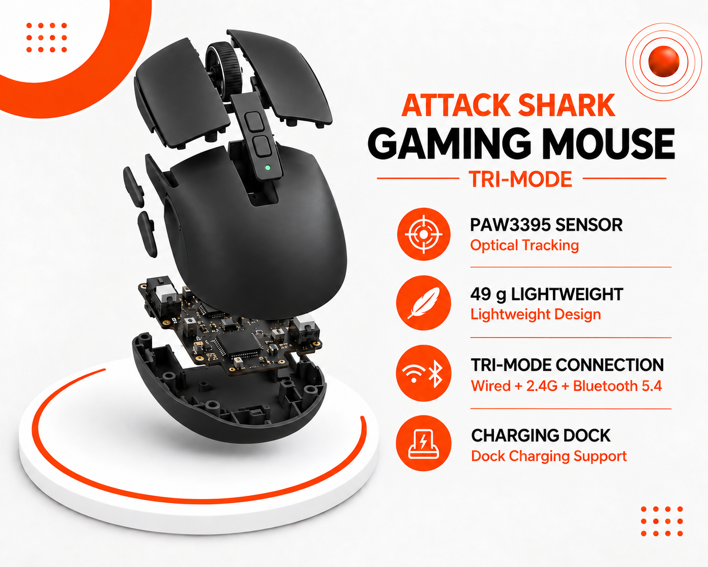 ماوس الألعاب ATTACK SHARK X6 Tri-Mode – أسود