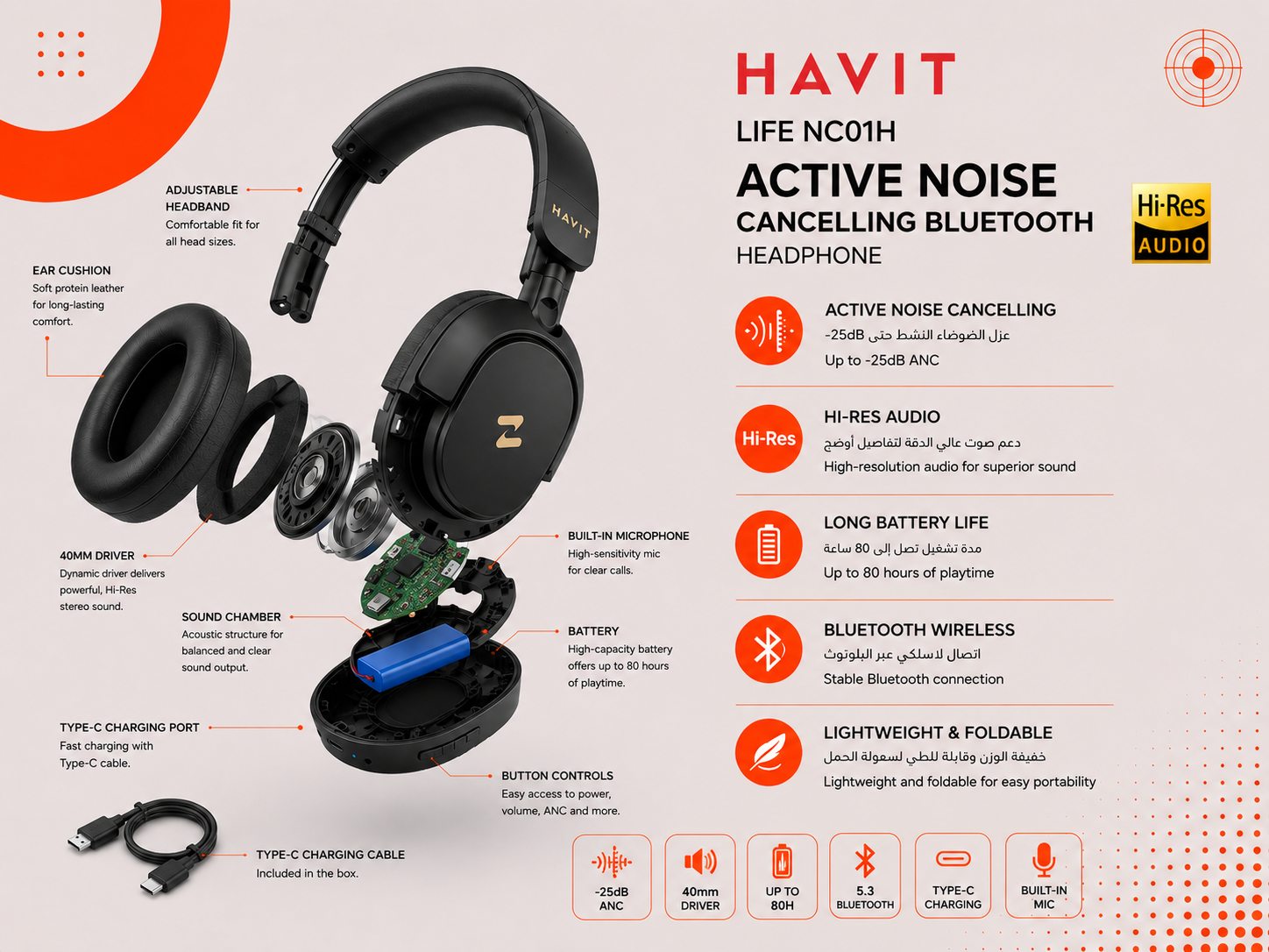 HAVIT LIFE NC01H - سماعة بلوتوث لاسلكية - عزل ضوضاء نشط ANC - Hi-Res Audio - تشغيل حتى 80 ساعة - قابلة للطي - أسود