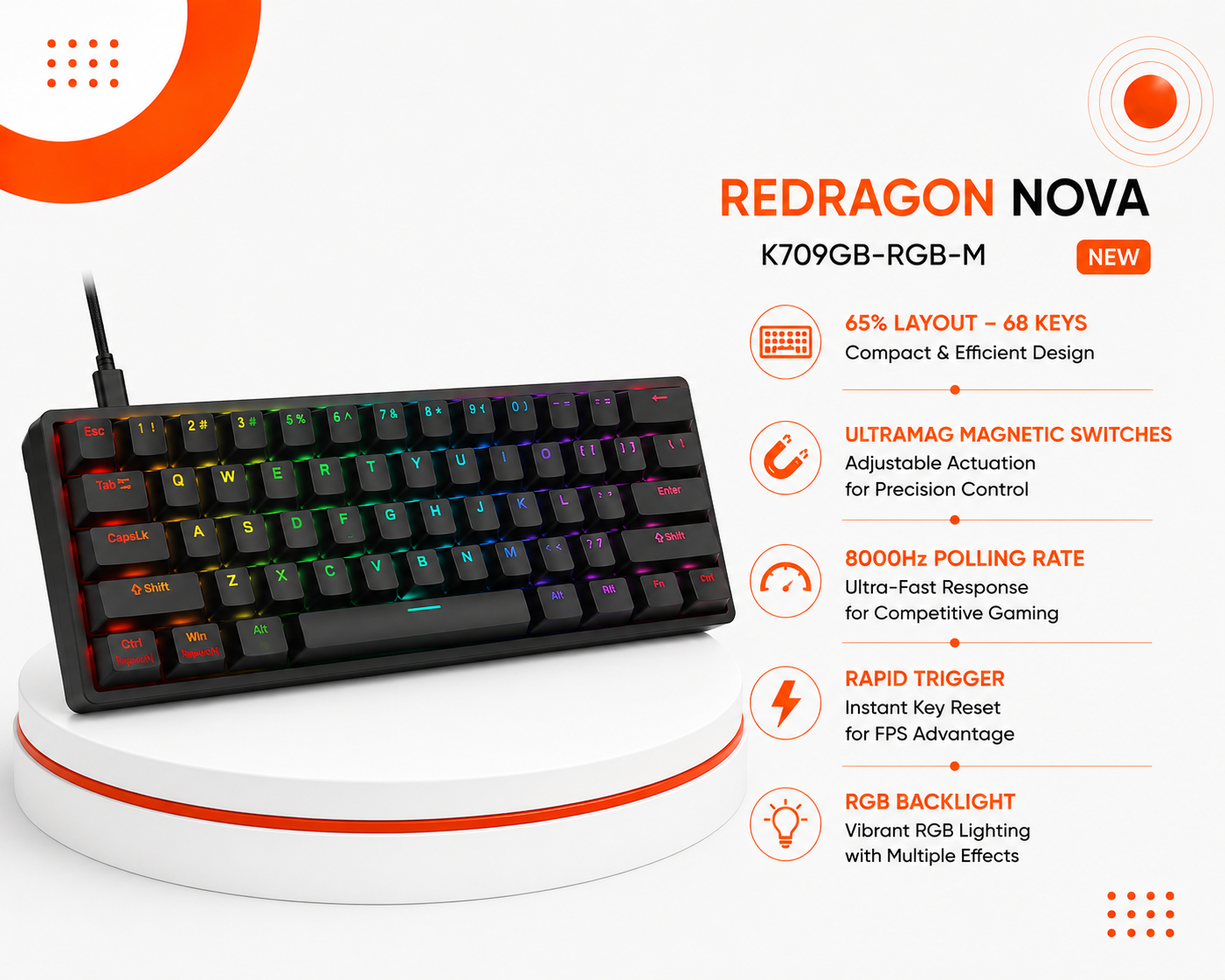 Redragon Nova K709GB-RGB-M - كيبورد ألعاب مغناطيسي - حجم 65% - 68 مفتاح - UltraMag Magnetic Switches - معدل استجابة 8000Hz - Rapid Trigger - RGB - Gasket Mount - سلكي USB Type-C
