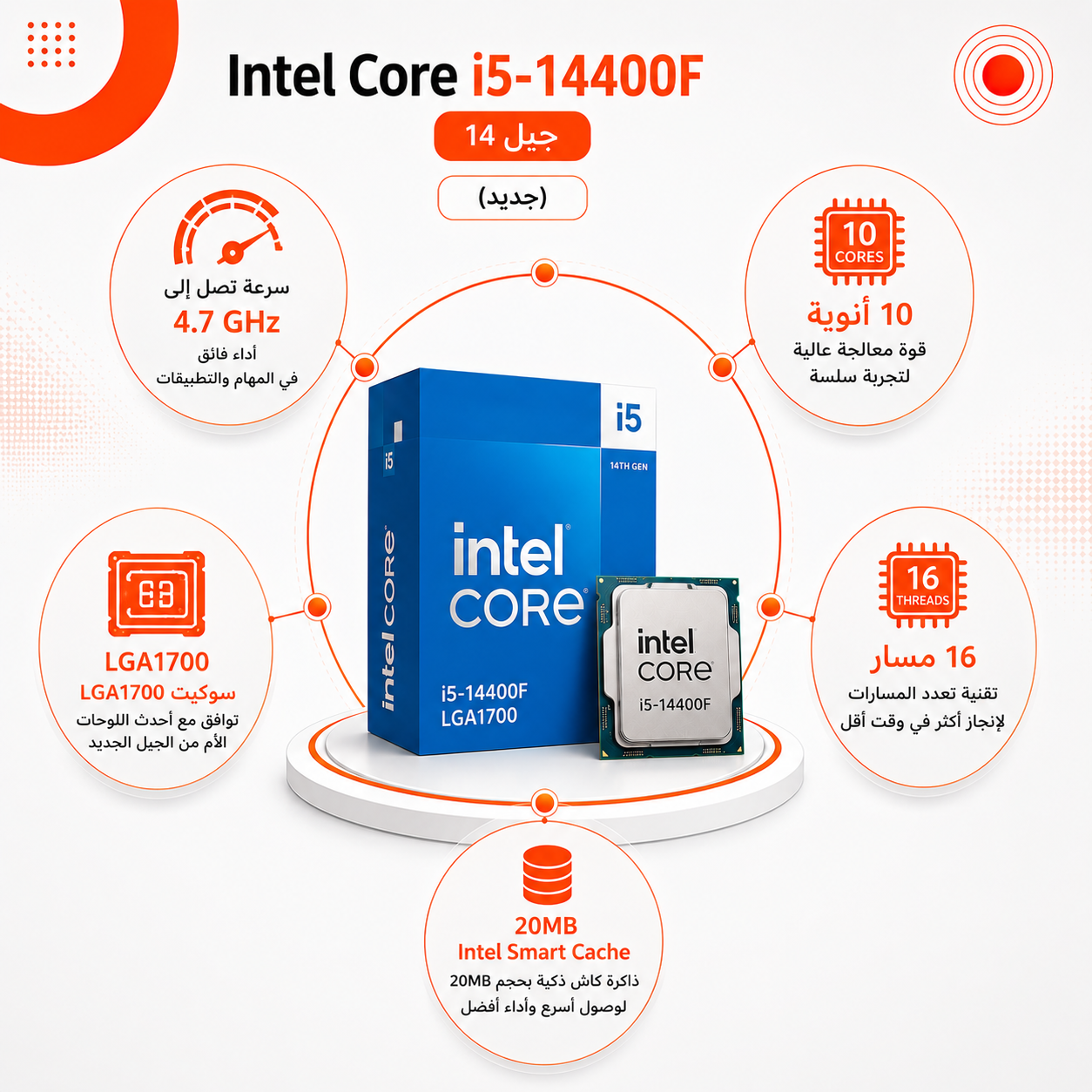 معالج Intel Core i5-14400F جيل 14، بسرعة تصل إلى 4.7GHz، يحتوي على 10 أنوية و 16 مسار، كاش 20MB Intel Smart Cache، سوكيت LGA1700 (جديد)