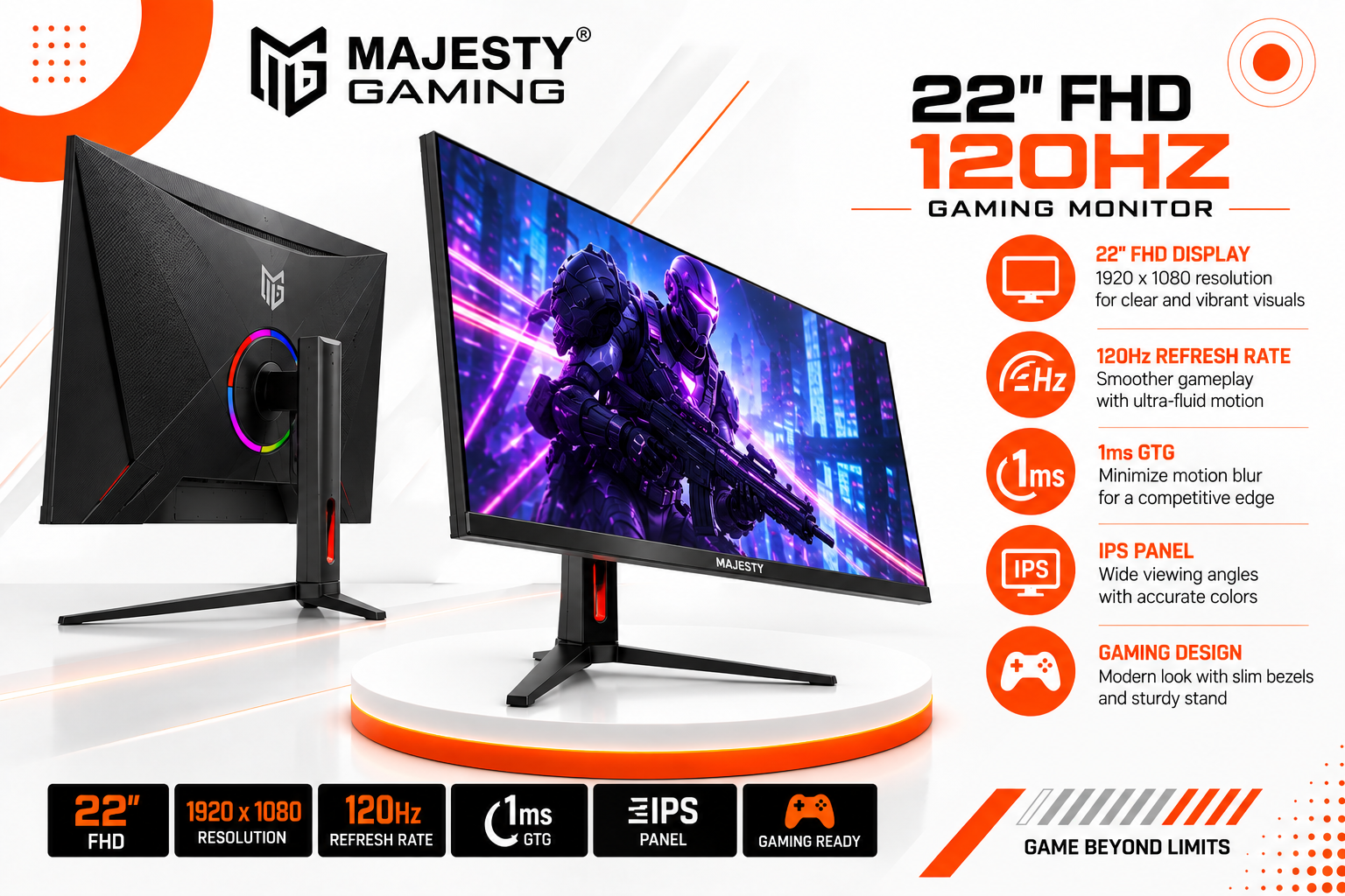 شاشة ألعاب Majesty Gaming مقاس 22 بوصة بدقة FHD ومعدل تحديث 120 هرتز