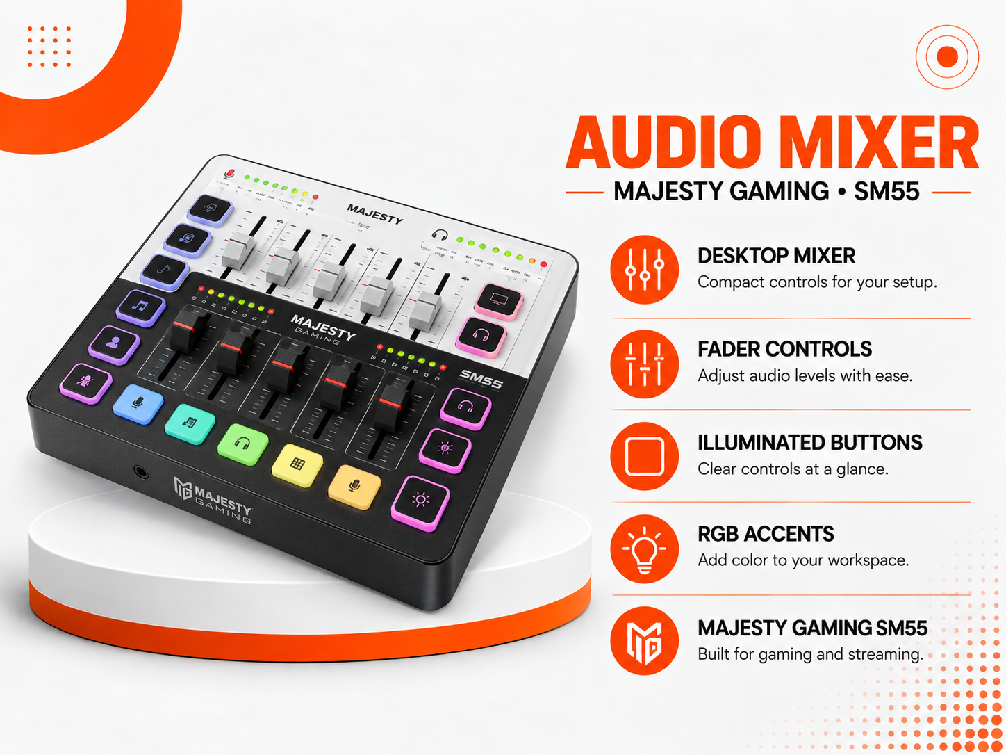 Audio Mixer Majesty Gaming SM55 – ميكسر صوت احترافي للألعاب والبث(ابيض)