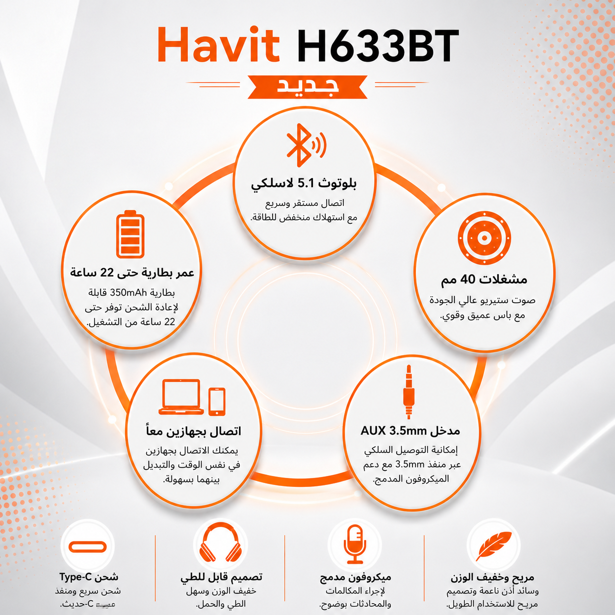 سماعة Havit H633BT - لاسلكية Bluetooth 5.1 - مكبرات صوت 40mm - صوت Stereo مع Deep Bass - بطارية 350mAh - تشغيل حتى 22 ساعة - اتصال بجهازين - AUX 3.5mm - شحن Type-C - تصميم قابل للطي - ميكروفون مدمج