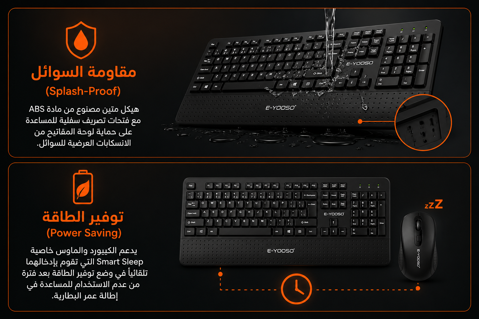E-YOOSO E787 Wireless Keyboard & Mouse Combo - كيبورد كامل الحجم Full-Size - اتصال لاسلكي 2.4GHz - مستقبل USB Nano - لوحة أرقام Numpad - مفاتيح Silent Quiet Touch - مسند معصم مدمج - مقاوم لرذاذ السوائل - ماوس لاسلكي 6 أزرار -  - اللون أسود