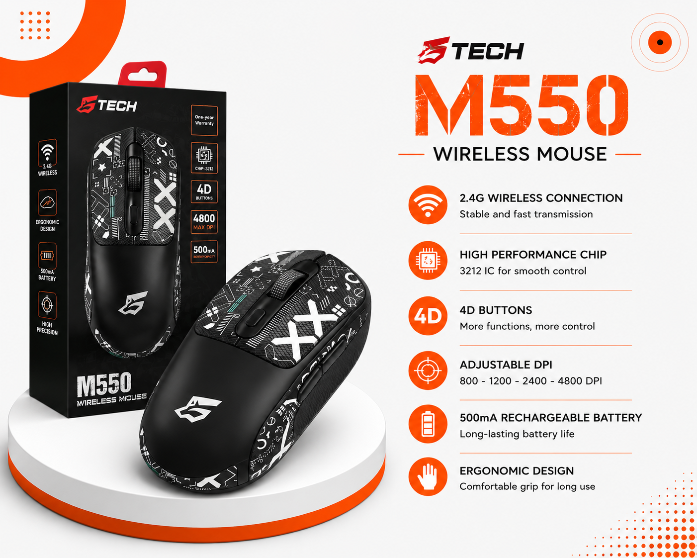 ماوس G-Tech M550 لاسلكي - مستشعر بصري - دقة 4800 DPI - اتصال 2.4GHz - بطارية قابلة للشحن 500mAh - مستقبل USB - تصميم مريح - Plug & Play
