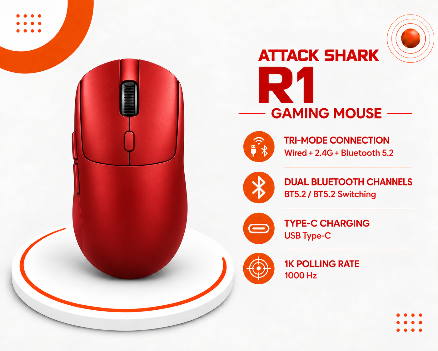 ماوس الألعاب ATTACK SHARK R1 – أحمر