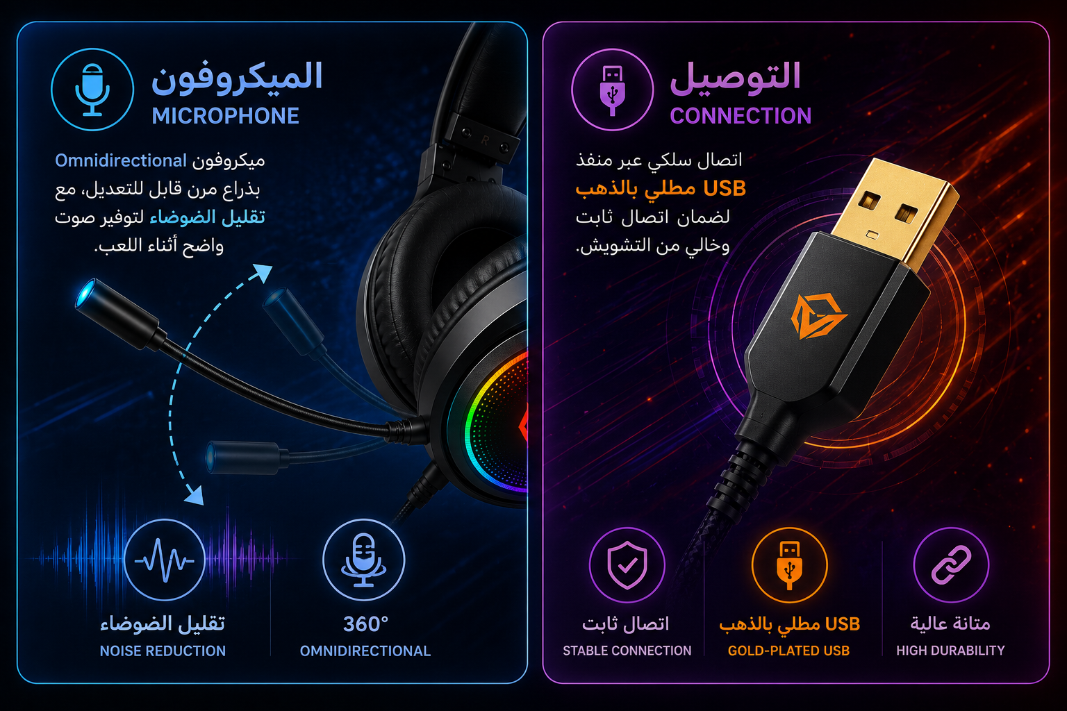 سماعة Meetion MT-HP030 - سماعة ألعاب سلكية - مشغلات 50mm - صوت Hi-Fi 7.1 Surround - ميكروفون مرن - إضاءة RGB - اتصال USB - كابل مضفر 2.2 متر - وزن 298g