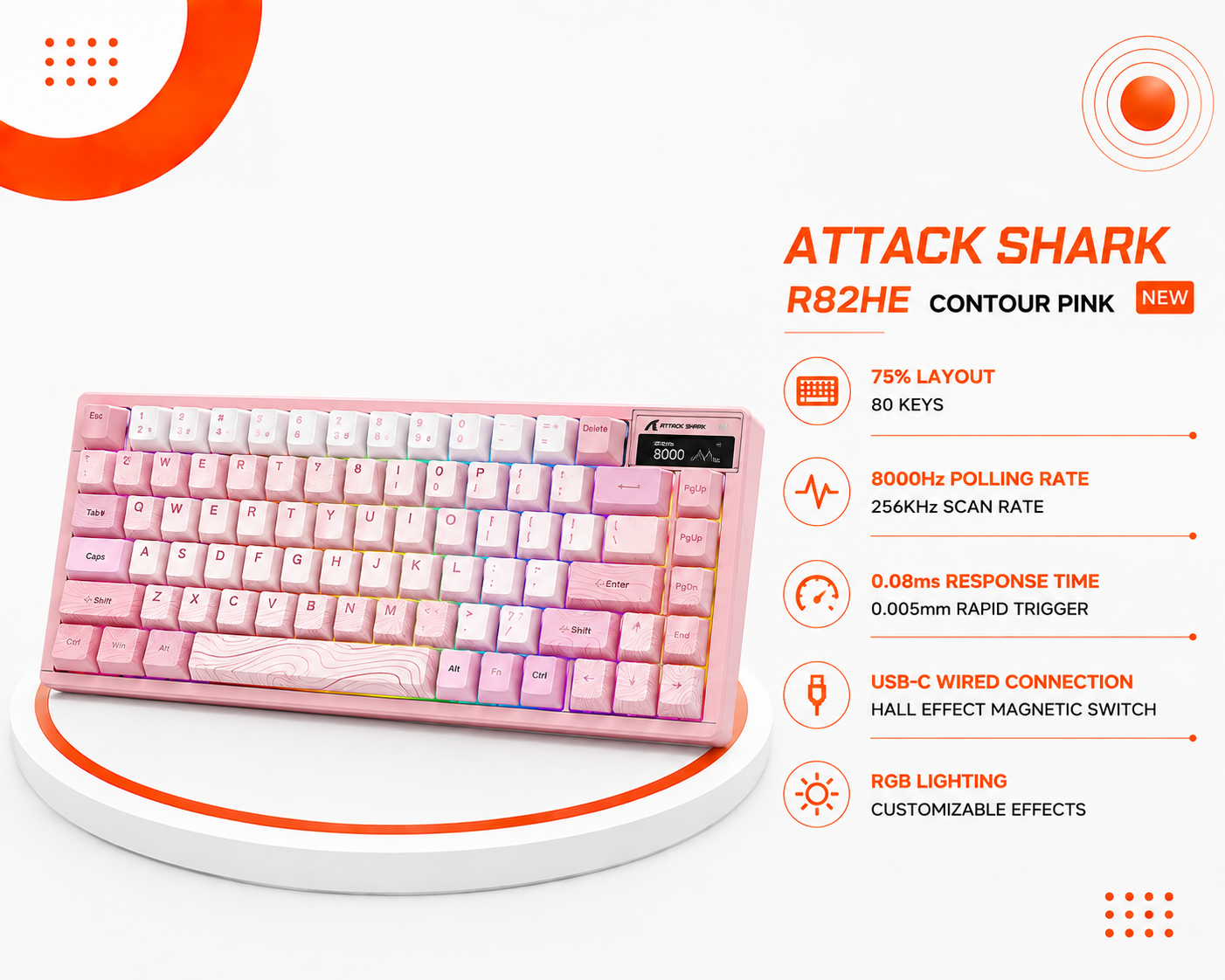 Attack Shark R82HE Contour Pink - كيبورد مغناطيسي Hall Effect - تصميم 75% بـ 80 مفتاح - معدل استجابة 8000Hz - معدل مسح 256KHz - زمن استجابة 0.08ms - Rapid Trigger بدقة 0.005mm –3.4mm - اتصال USB-C - إضاءة RGB - اللون Contour Pink