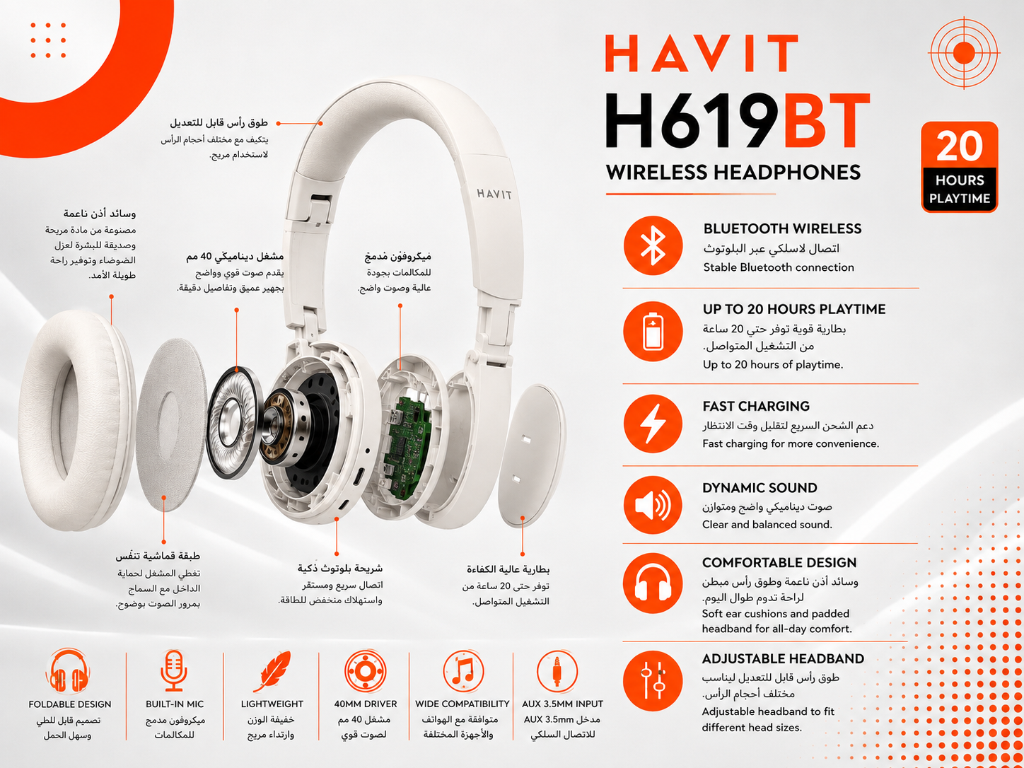 HAVIT H619BT – سماعة رأس لاسلكية – Bluetooth – تشغيل حتى 20 ساعة – شحن سريع – تصميم مريح – لون أبيض