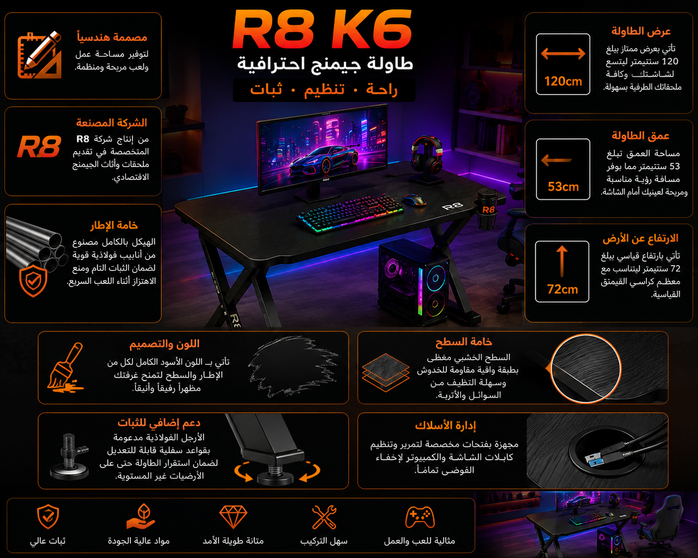 طاولة ألعاب قيمنق R8 K6 Gaming Desk، أبعاد 120cm × 53cm، هيكل وإطار صلب مصنوع من أنابيب الفولاذ الأسود، سطح مريح مقاوم للخدش بتصميم ورفيق وأنيق، ومزودة بقواعد أرجل قابلة للتعديل لضمان الثبات الكامل (جديد)