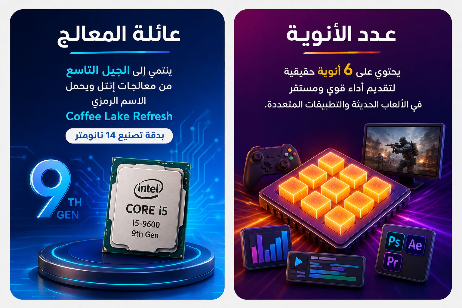معالج Intel Core i5-9600 جيل تاسع بسرعة تصل إلى 4.60GHz عبر تقنية Turbo Boost، سداسي النواة (6-Cores) مع 6 خيوط معالجة، كاش 9MB، كرت شاشة مدمج Intel UHD Graphics 630، متوافق مع مقبس LGA 1151 (مستعمل)