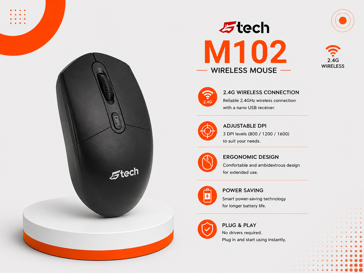 ماوس GTech M102 - سلكي - مستشعر بصري - دقة 1000 DPI - 3 أزرار - تصميم متماثل - عمر 3 مليون نقرة - USB-A - كابل 1.5 متر - Plug & Play