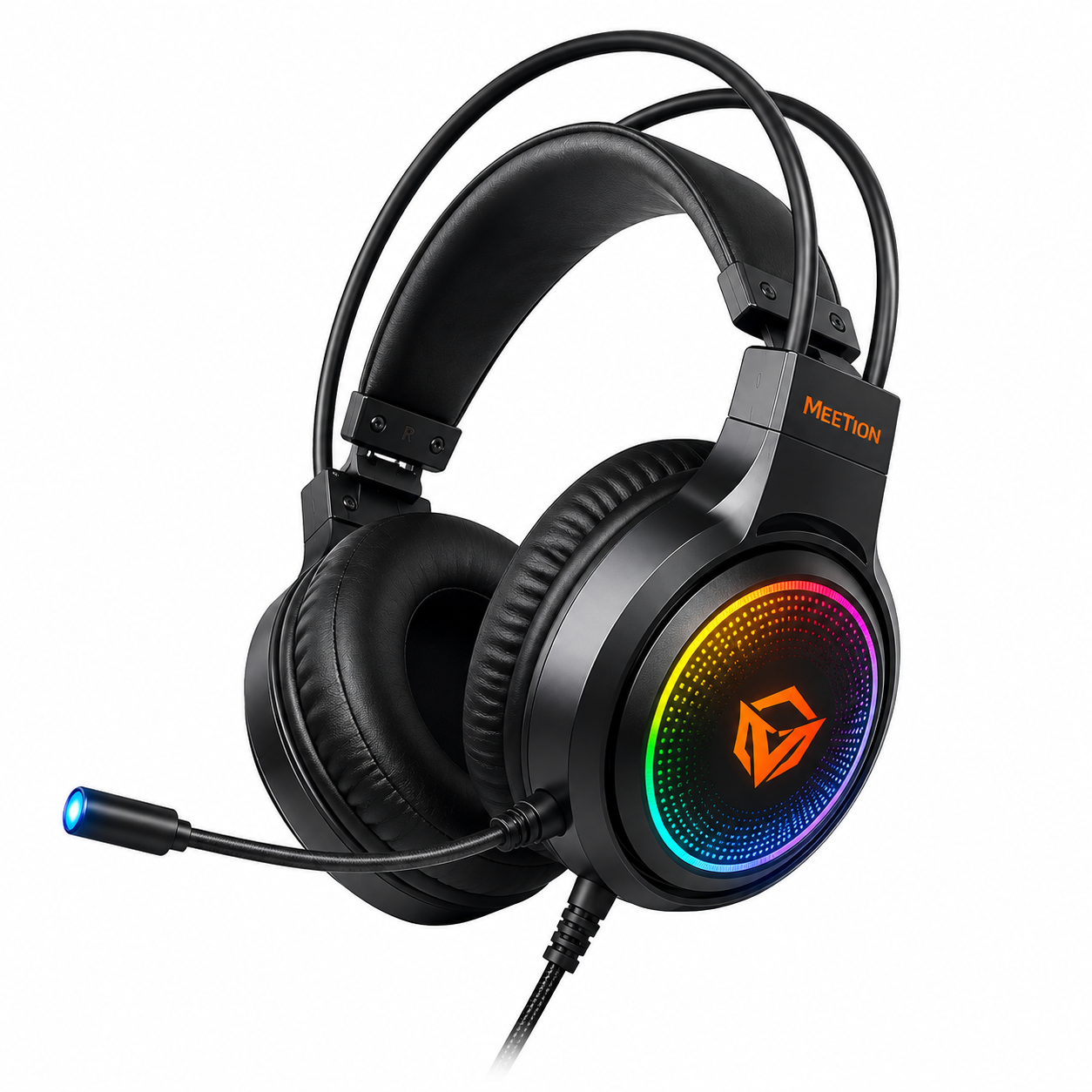 سماعة Meetion MT-HP030 - سماعة ألعاب سلكية - مشغلات 50mm - صوت Hi-Fi 7.1 Surround - ميكروفون مرن - إضاءة RGB - اتصال USB - كابل مضفر 2.2 متر - وزن 298g