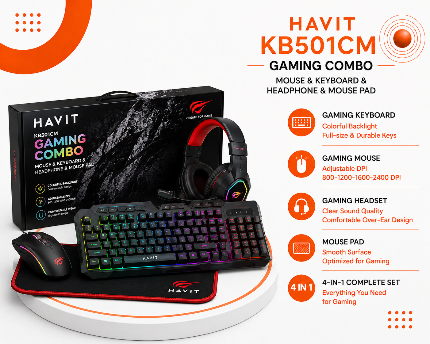 HAVIT KB501CM Gaming Combo - طقم ألعاب 4 في 1 - كيبورد ألعاب - ماوس ألعاب - سماعة رأس مع ميكروفون - Mouse Pad - RGB Backlight - Black