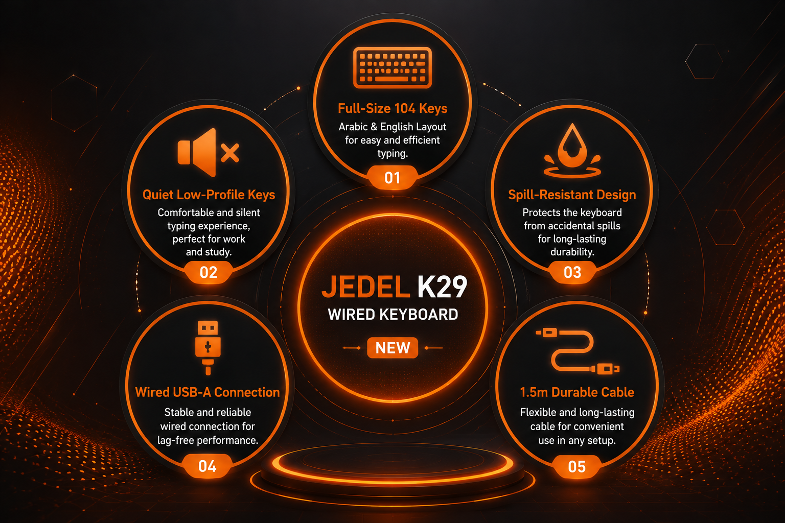 كيبورد Jedel K29 - سلكي USB-A - حجم كامل 104 مفتاح - عربي وإنجليزي - مفاتيح هادئة ومنخفضة الارتفاع - مقاوم للسوائل - كابل 1.5 متر - لون أسود