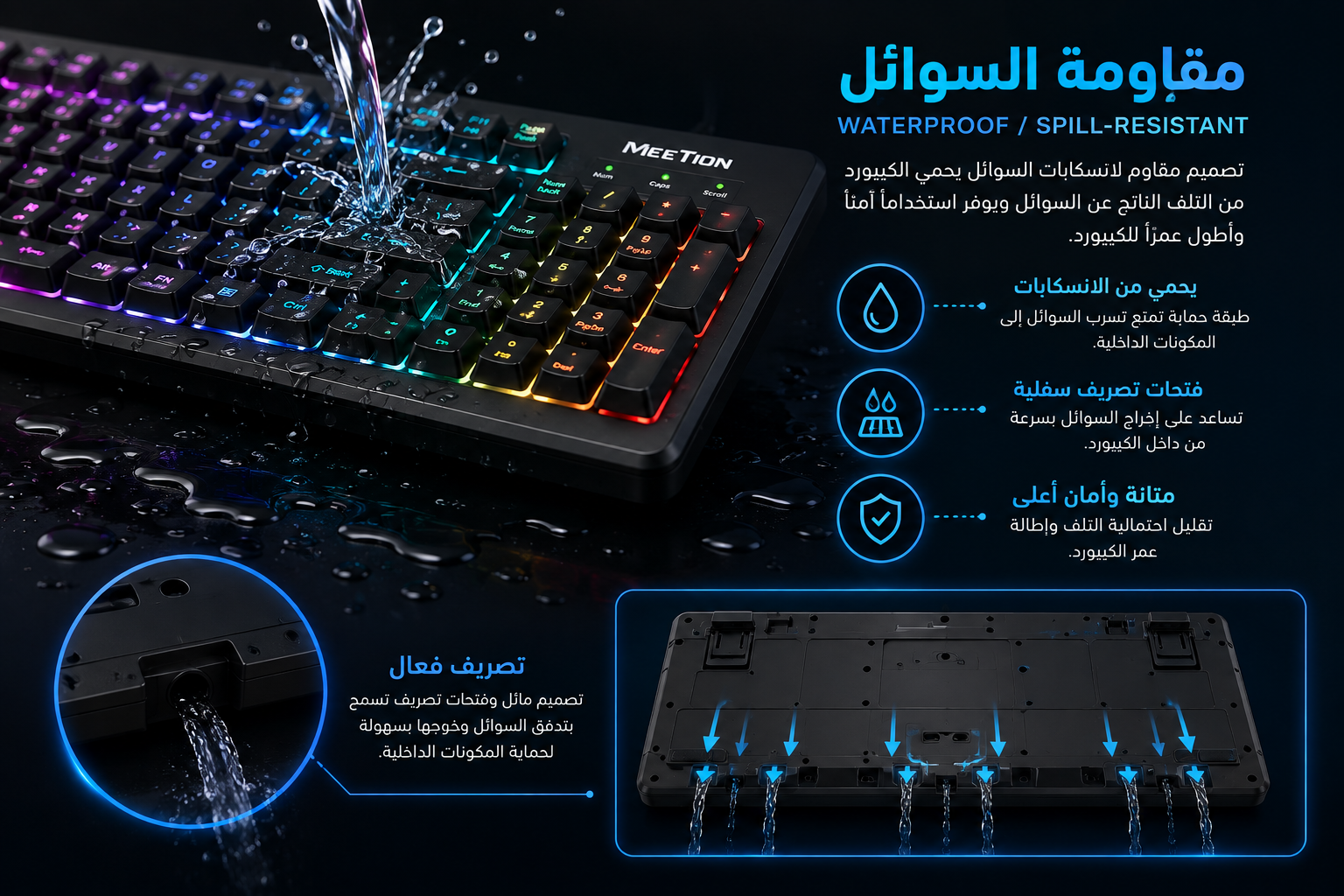 Meetion MT-K9320 - كيبورد ألعاب Full-Size - 104/105 مفتاح - Membrane - 19-Key Anti-Ghosting - مقاوم للسوائل - Rainbow Backlit - USB