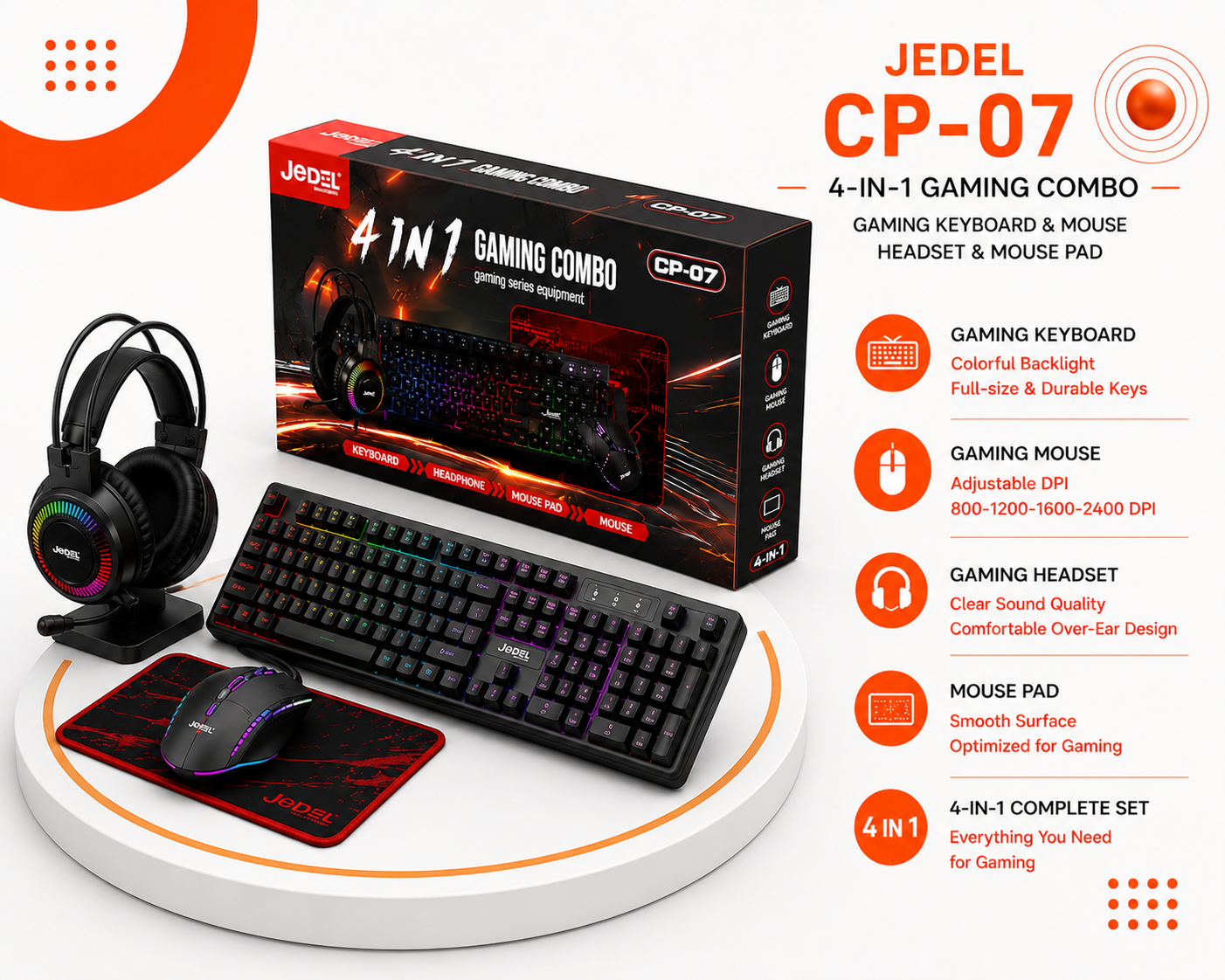 JEDEL CP-09 Gaming Combo - طقم ألعاب 4 في 1 - كيبورد ألعاب RGB - ماوس ألعاب - سماعة رأس مع ميكروفون - Mouse Pad - أسود