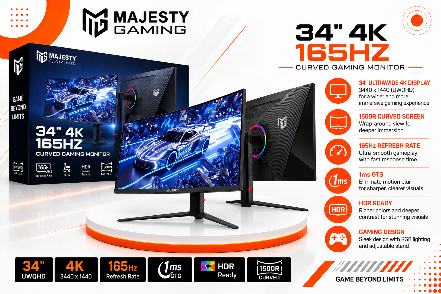 شاشة ألعاب Majesty Gaming مقاس 34 بوصة بدقة 4K ومعدل تحديث 165 هرتز