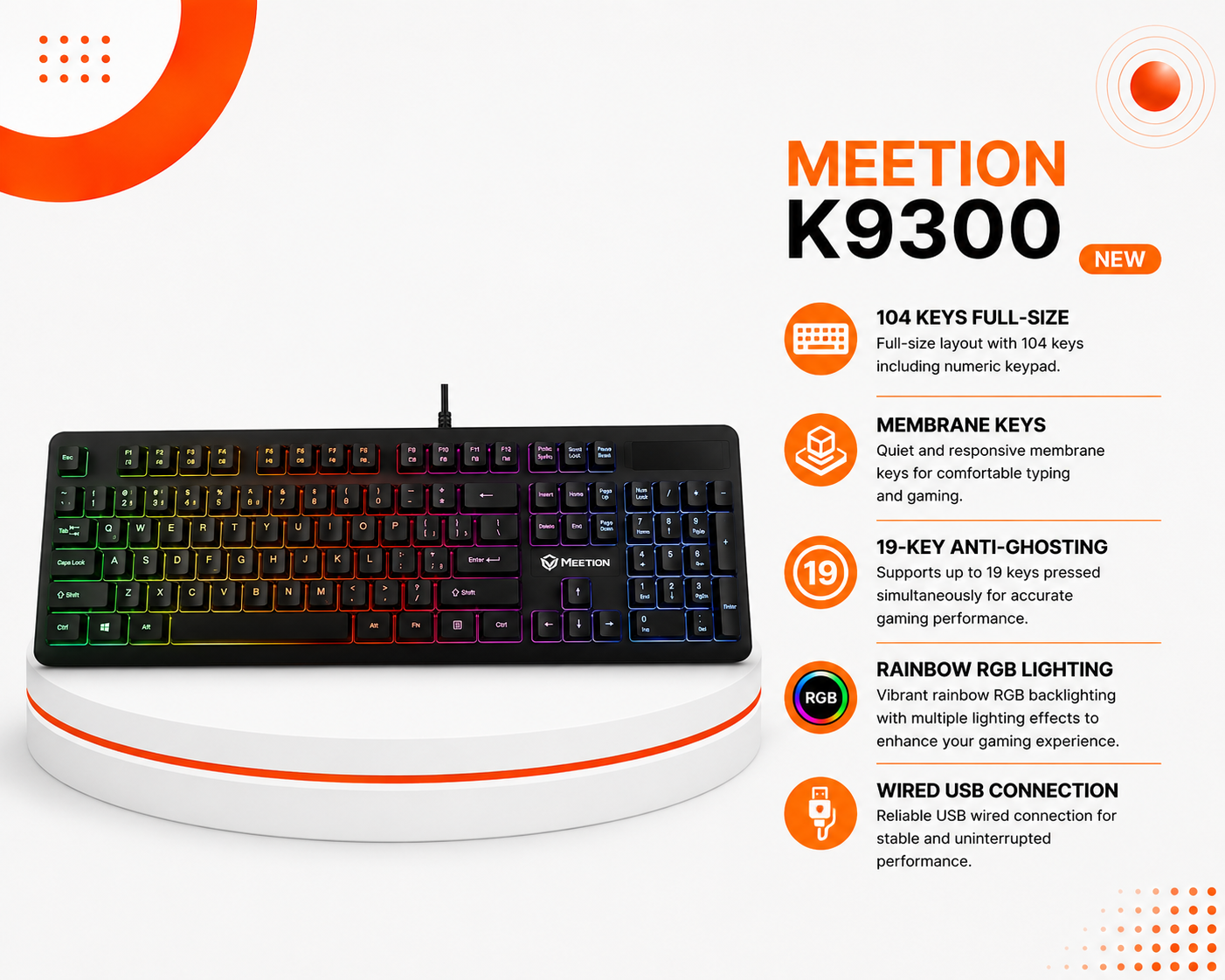 Meetion K9300 - كيبورد ألعاب Full-Size - 104 مفتاح - Membrane - 19-Key Anti-Ghosting - Rainbow RGB - اتصال USB سلكي