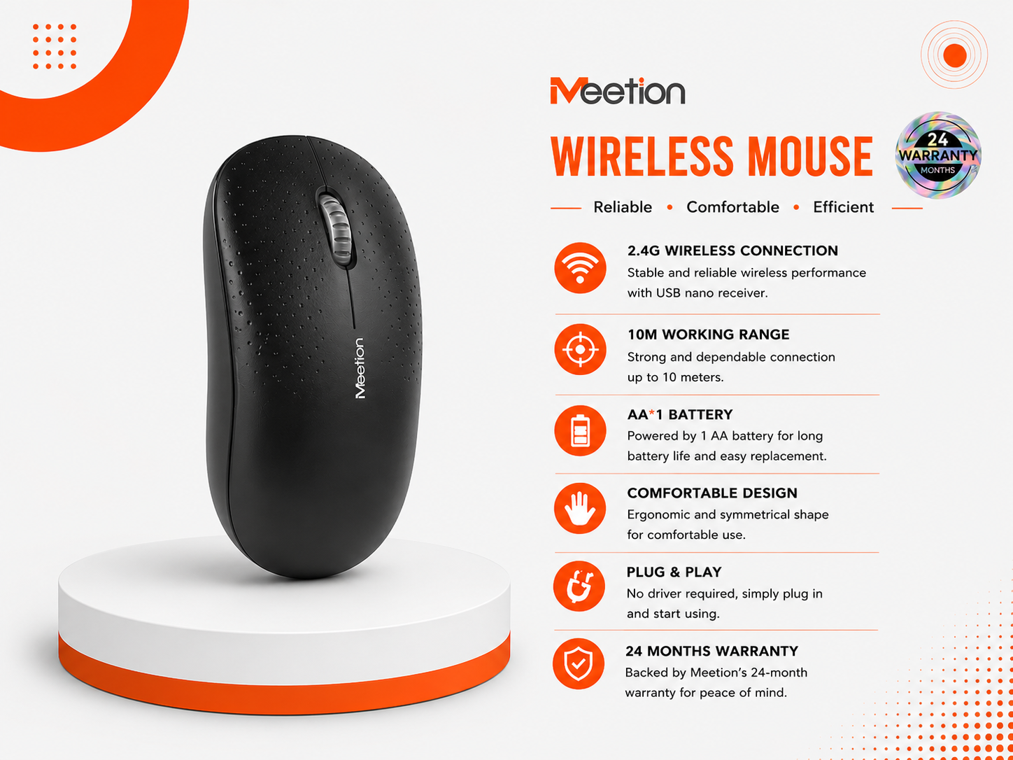 ماوس Meetion R545 لاسلكي - مستشعر بصري - دقة 1600 DPI - اتصال 2.4GHz - مدى 10 متر - 3 أزرار - وزن 70g - بطارية AA - توفير الطاقة Auto-Sleep - Nano USB - Plug & Play