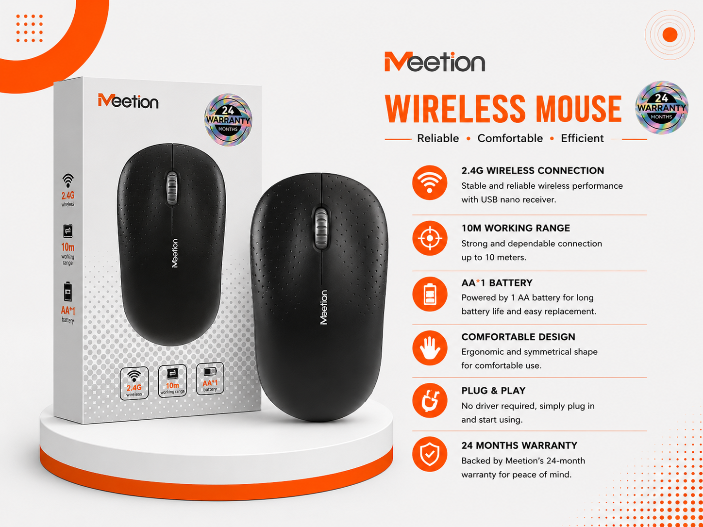 ماوس Meetion R545 لاسلكي - مستشعر بصري - دقة 1600 DPI - اتصال 2.4GHz - مدى 10 متر - 3 أزرار - وزن 70g - بطارية AA - توفير الطاقة Auto-Sleep - Nano USB - Plug & Play