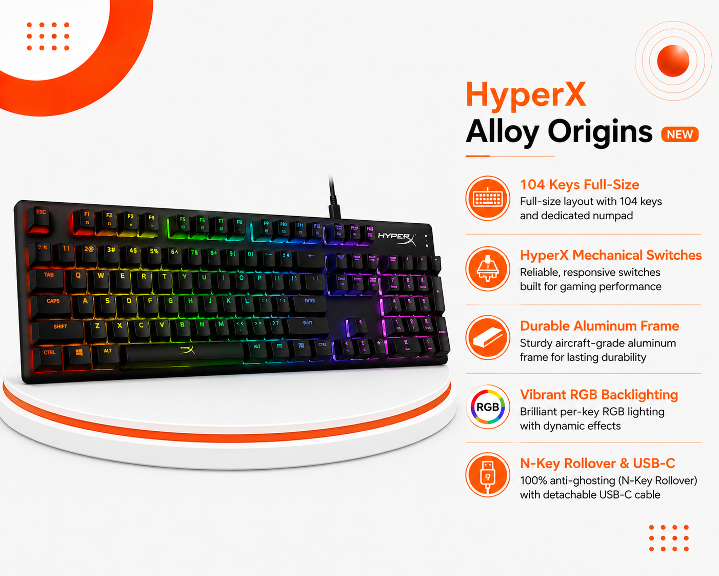 HyperX Alloy Origins - كيبورد ميكانيكي Full-Size - 104 مفتاح - HyperX Mechanical Switches - هيكل ألمنيوم - RGB - N-Key Rollover - USB-C