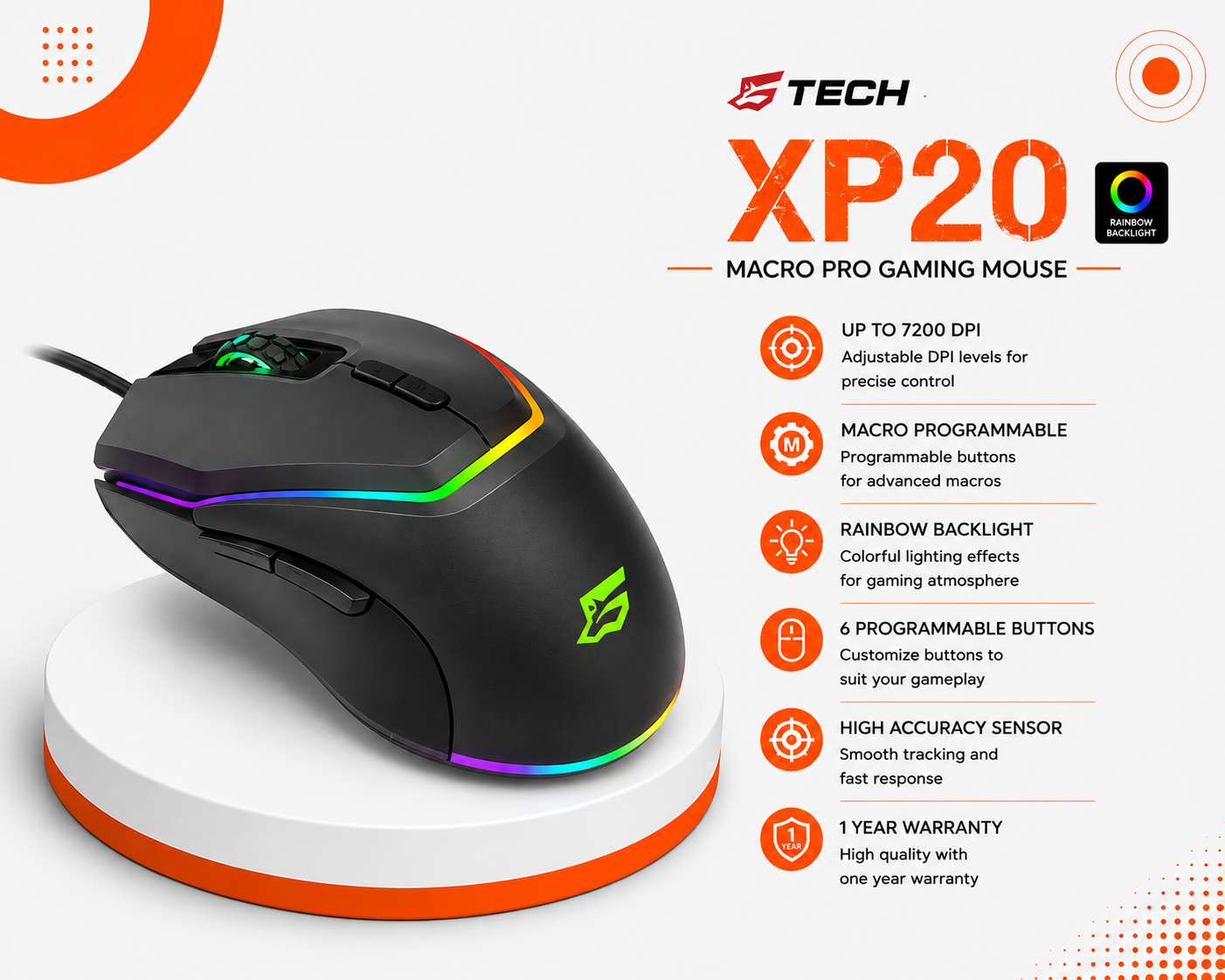 ماوس ألعاب G-Tech XP20 - سلكي - مستشعر بصري - دقة 3200 DPI - 6 أزرار - إضاءة RGB LED - عجلة تمرير 3D - كابل 1.5 متر - USB - Plug & Play