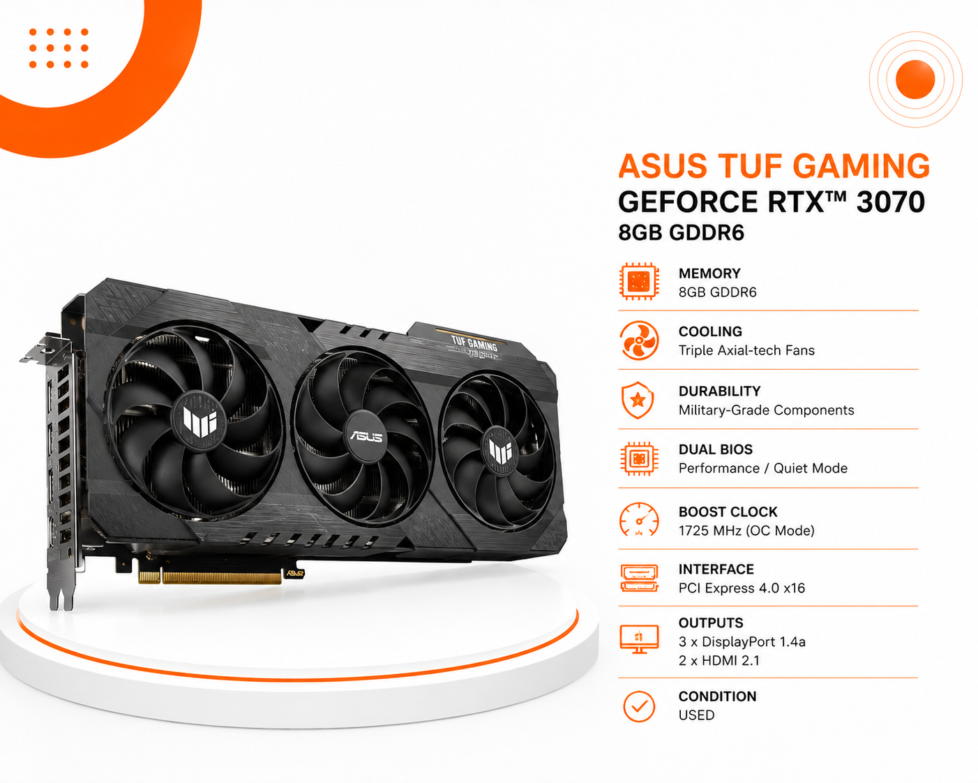 كرت شاشة ASUS TUF Gaming GeForce RTX 3070 سعة 8GB GDDR6، متانة عسكرية، مراوح تبريد Triple Axial-tech، نظام Dual BIOS (مستعمل)