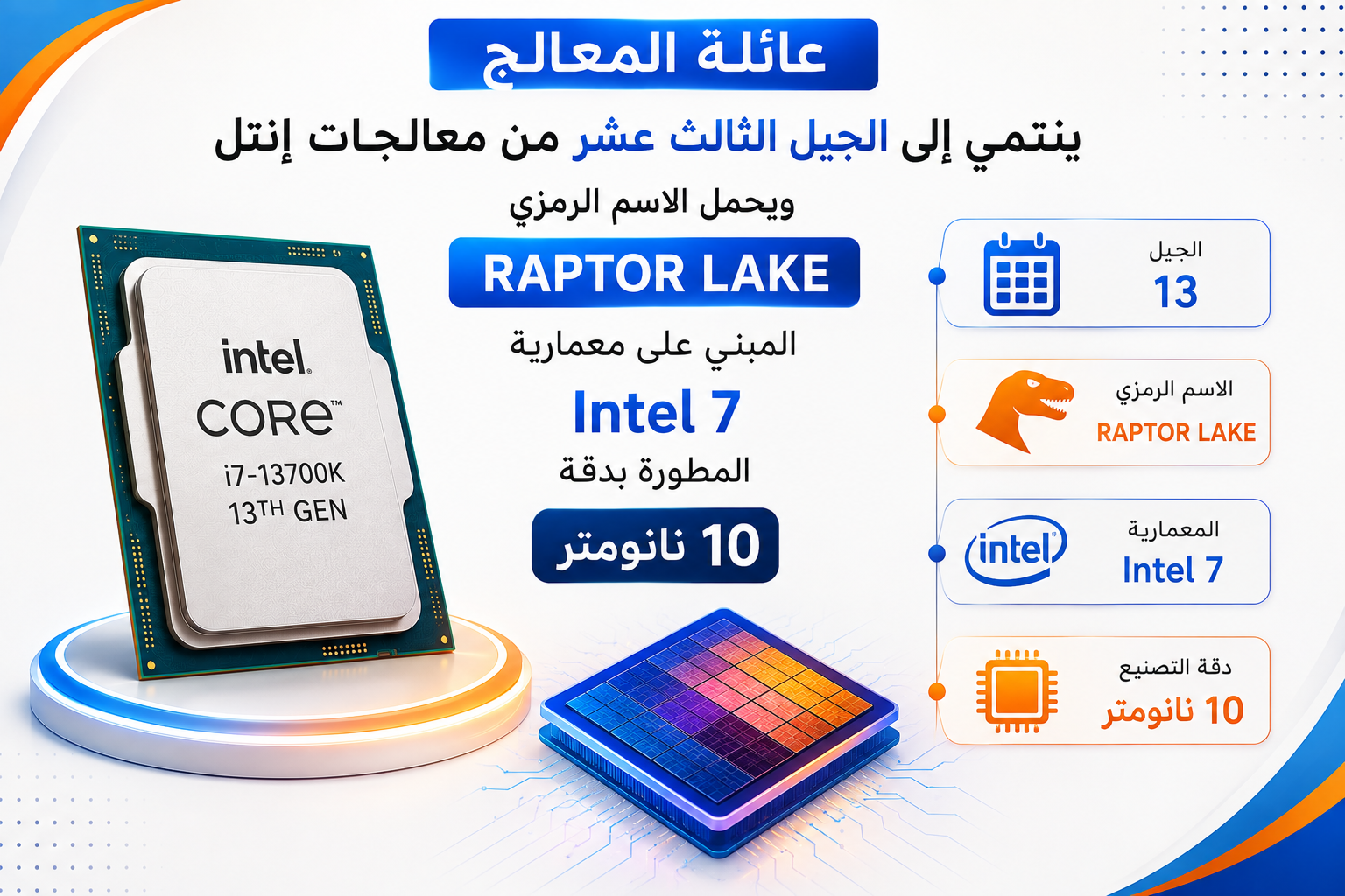 معالج Intel Core i7-13700K جيل ثالث عشر قابل لكسر السرعة ، بسرعة تصل إلى 5.40GHz عبر تقنية Turbo Boost، يحتوي على 16 نواة (8 للأداء و 8 للكفاءة) مع 24 خيط معالجة، كاش 30MB، كرت شاشة مدمج UHD 770، متوافق مع مقبس LGA 1700 ويدعم ذواكر DDR4 و DDR5 (جديد)