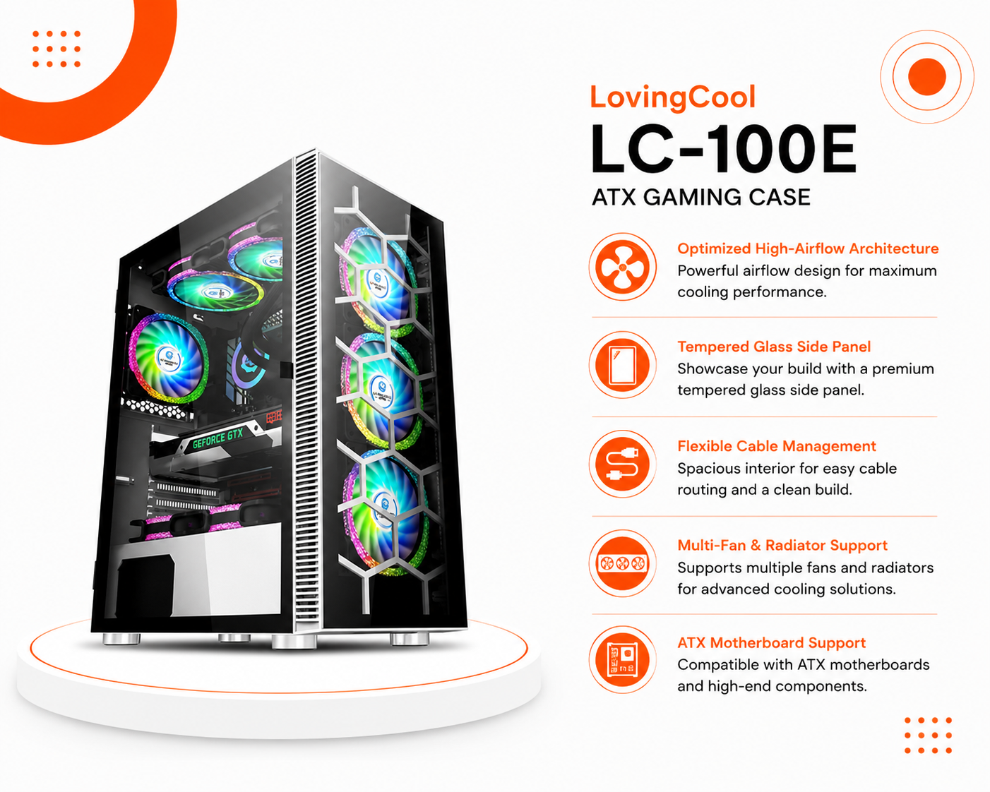 كيس قيمنق LovingCool LC-100E حجم ATX، لوح جانبي من الزجاج المقسى Tempered Glass، واجهة تدفق هواء معزز للتهوية، وتصميم داخلي واسع لإدارة الكابلات ودعم حلول التبريد المتعددة (جديد)