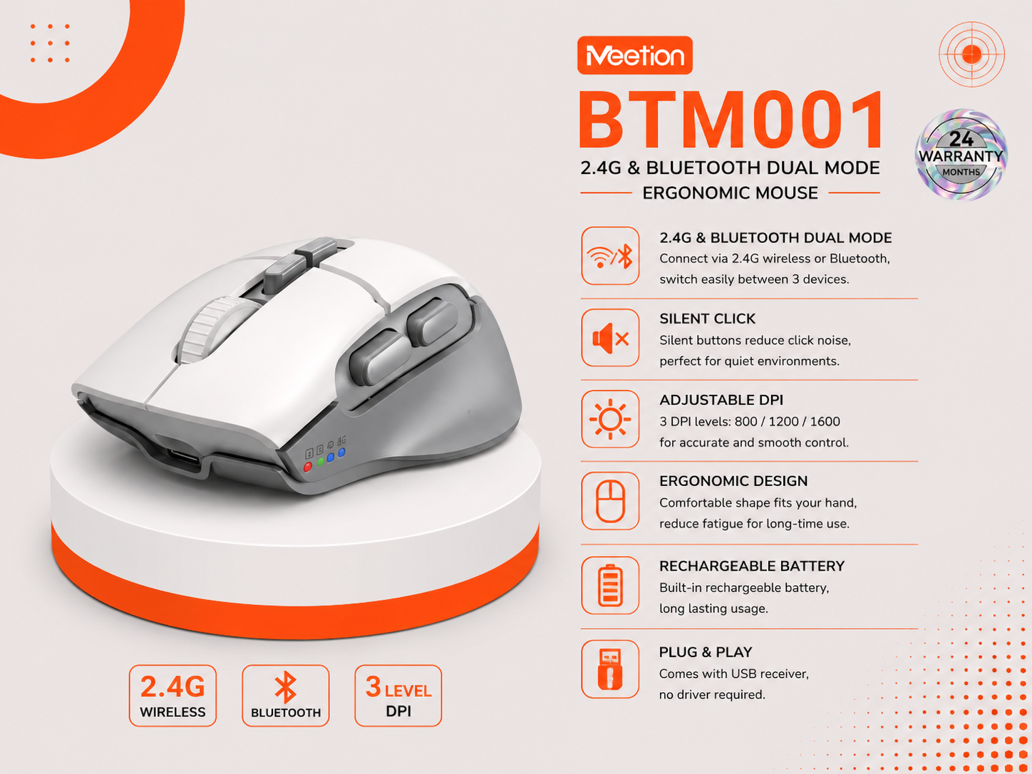 ماوس Meetion BTM001 لاسلكي - اتصال مزدوج Bluetooth و2.4GHz - يدعم 3 أجهزة - دقة 2400 DPI - 7 أزرار - نقر صامت - بطارية 700mAh - شحن USB-C - إضاءة LED