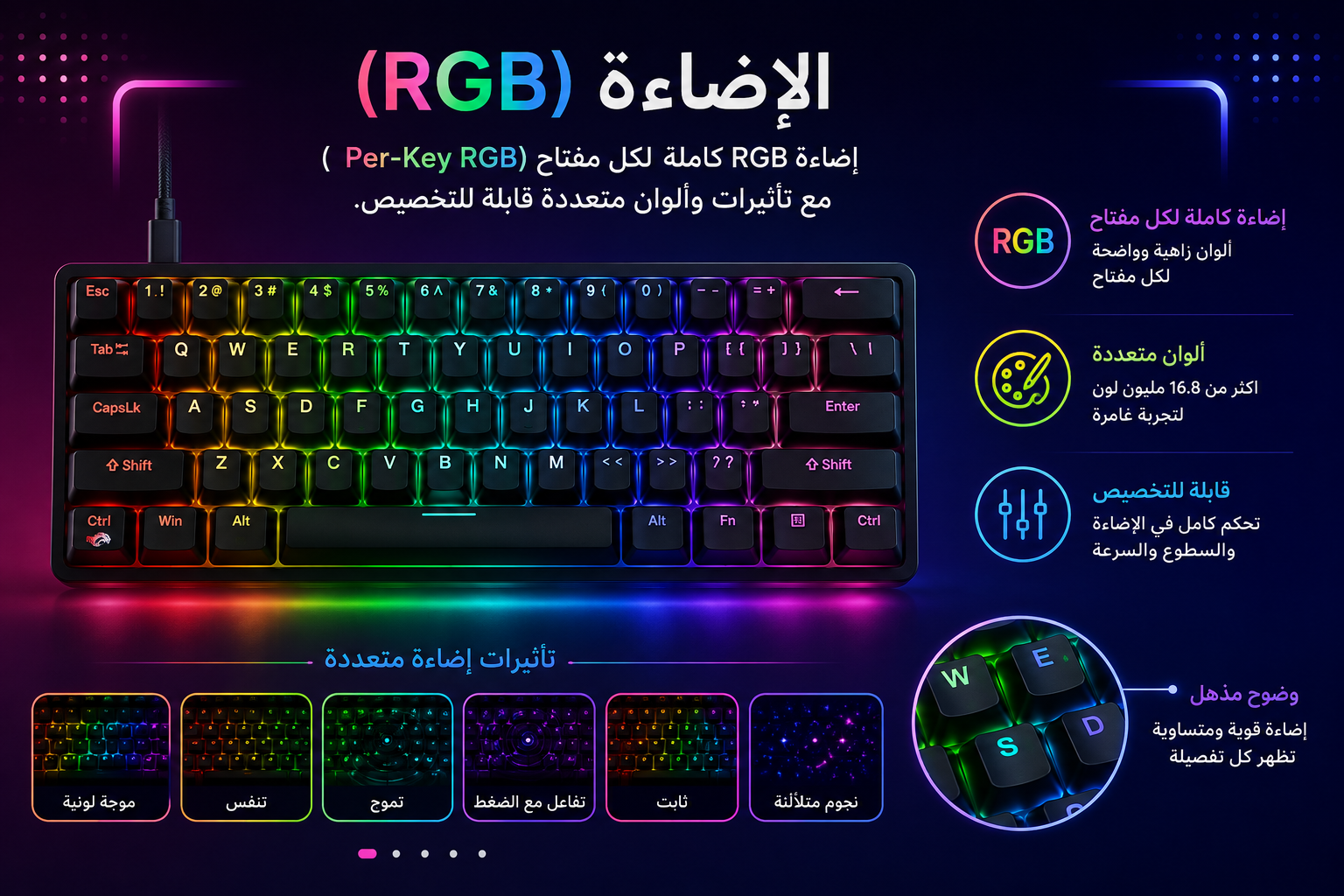 Redragon Nova K709GB-RGB-M - كيبورد ألعاب مغناطيسي - حجم 65% - 68 مفتاح - UltraMag Magnetic Switches - معدل استجابة 8000Hz - Rapid Trigger - RGB - Gasket Mount - سلكي USB Type-C