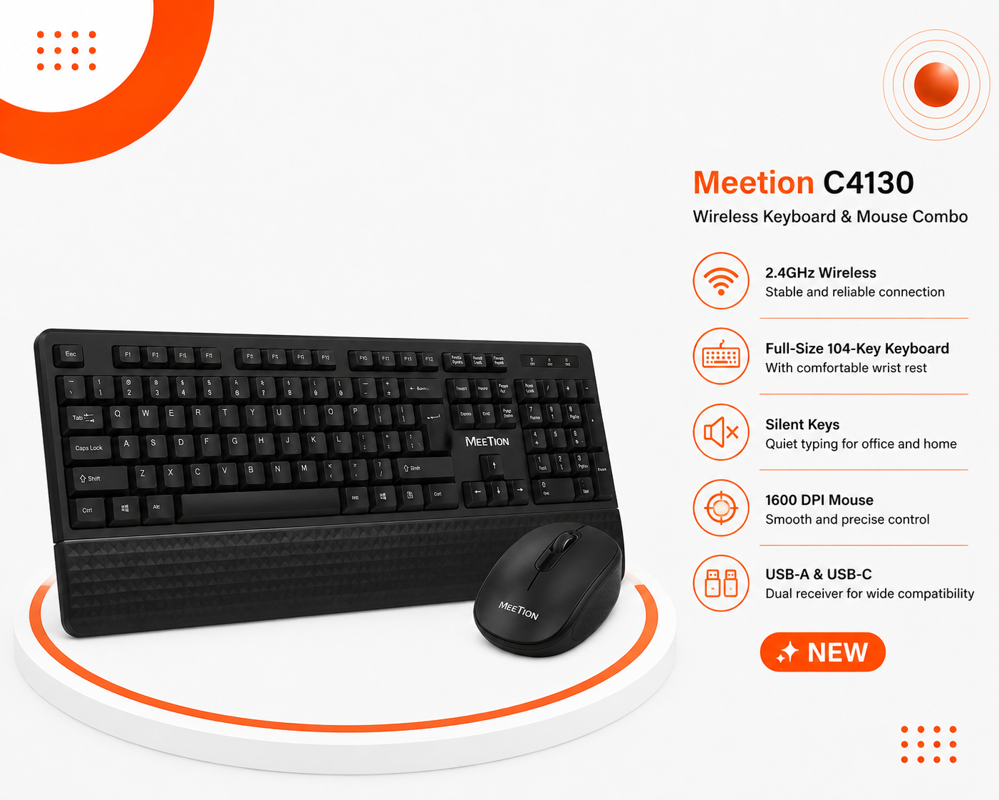 Meetion C4130 - طقم كيبورد وماوس لاسلكي - اتصال 2.4GHz - Full-Size - Silent Keys - مسند معصم - ماوس 1600 DPI - USB-A وUSB-C