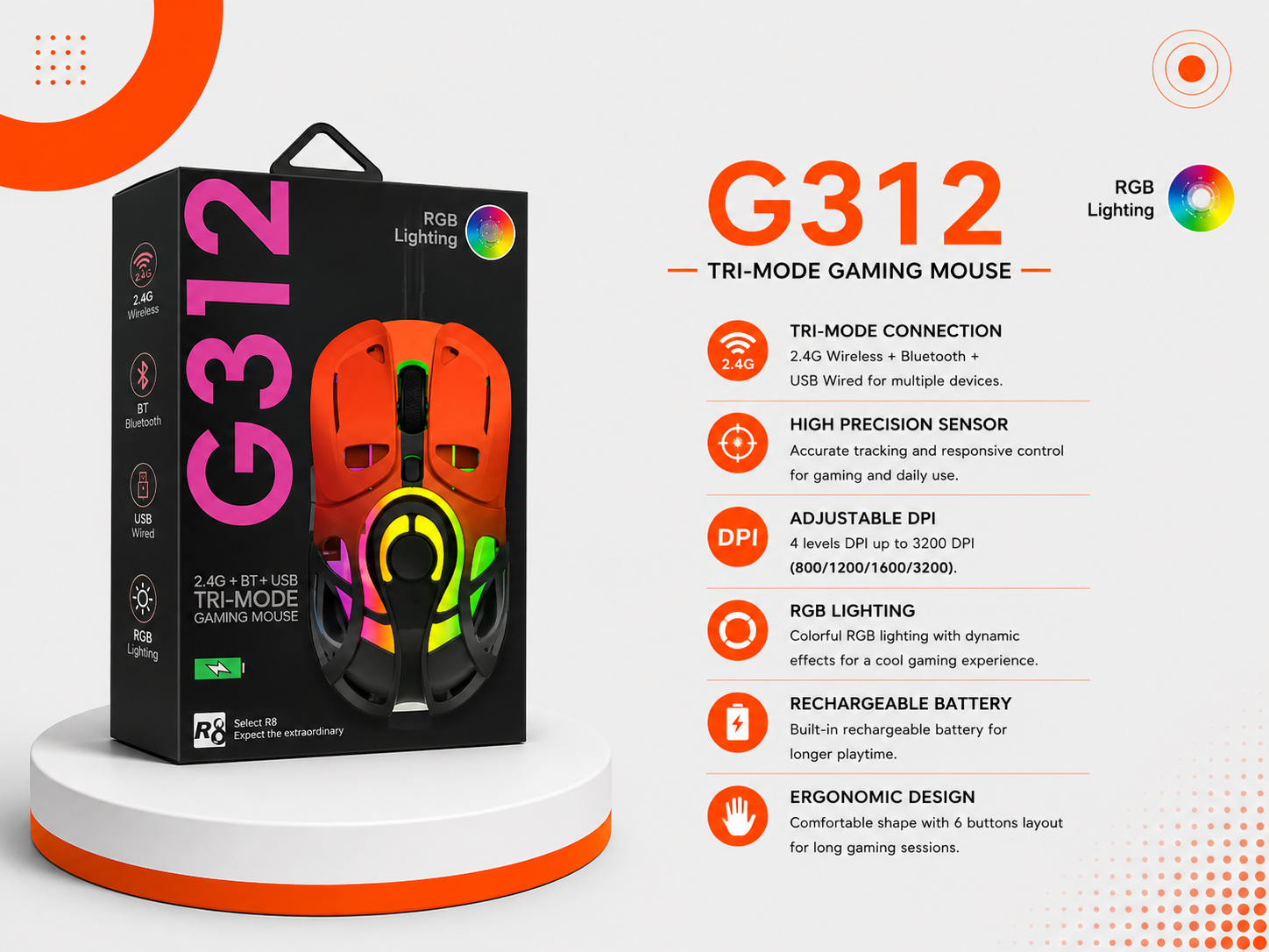 ماوس ألعاب R8 G312 RGB - لاسلكي Tri-Mode - اتصال 2.4GHz + Bluetooth + Type-C سلكي - دقة تصل إلى 10000 DPI - 6 مستويات DPI - بطارية 300mAh قابلة للشحن - تصميم Honeycomb - إضاءة RGB