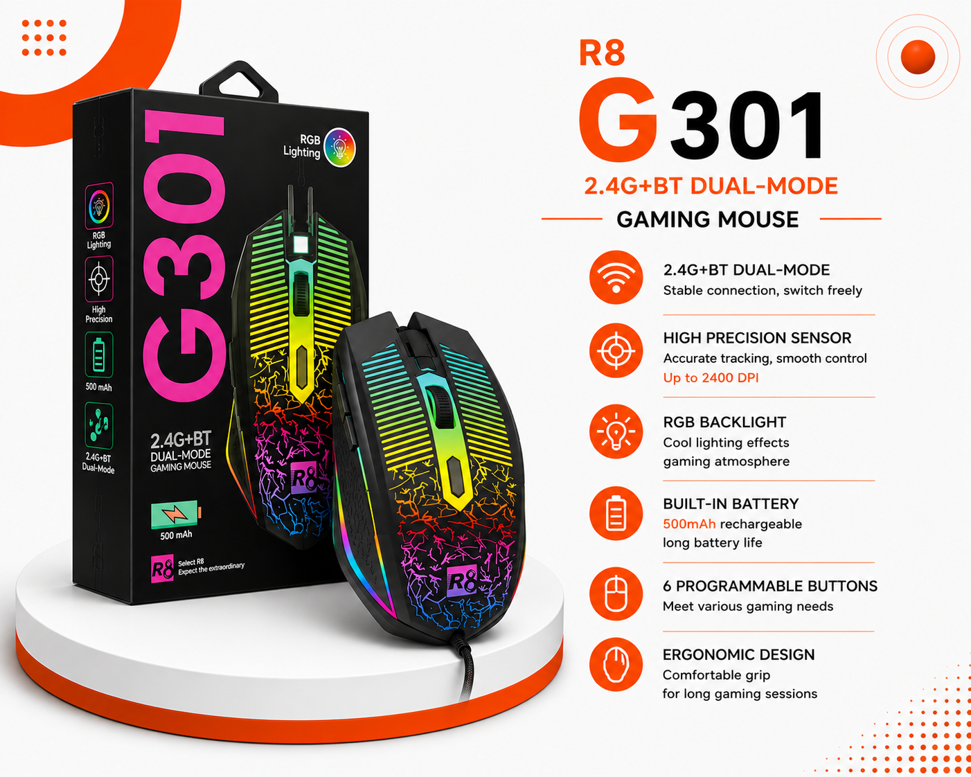 ماوس ألعاب R8 G301 لاسلكي - اتصال مزدوج Bluetooth 5.0 و2.4GHz - دقة 3200 DPI - معدل 1000Hz - 6 أزرار - بطارية 500mAh - شحن Type-C - إضاءة RGB - وزن 81g
